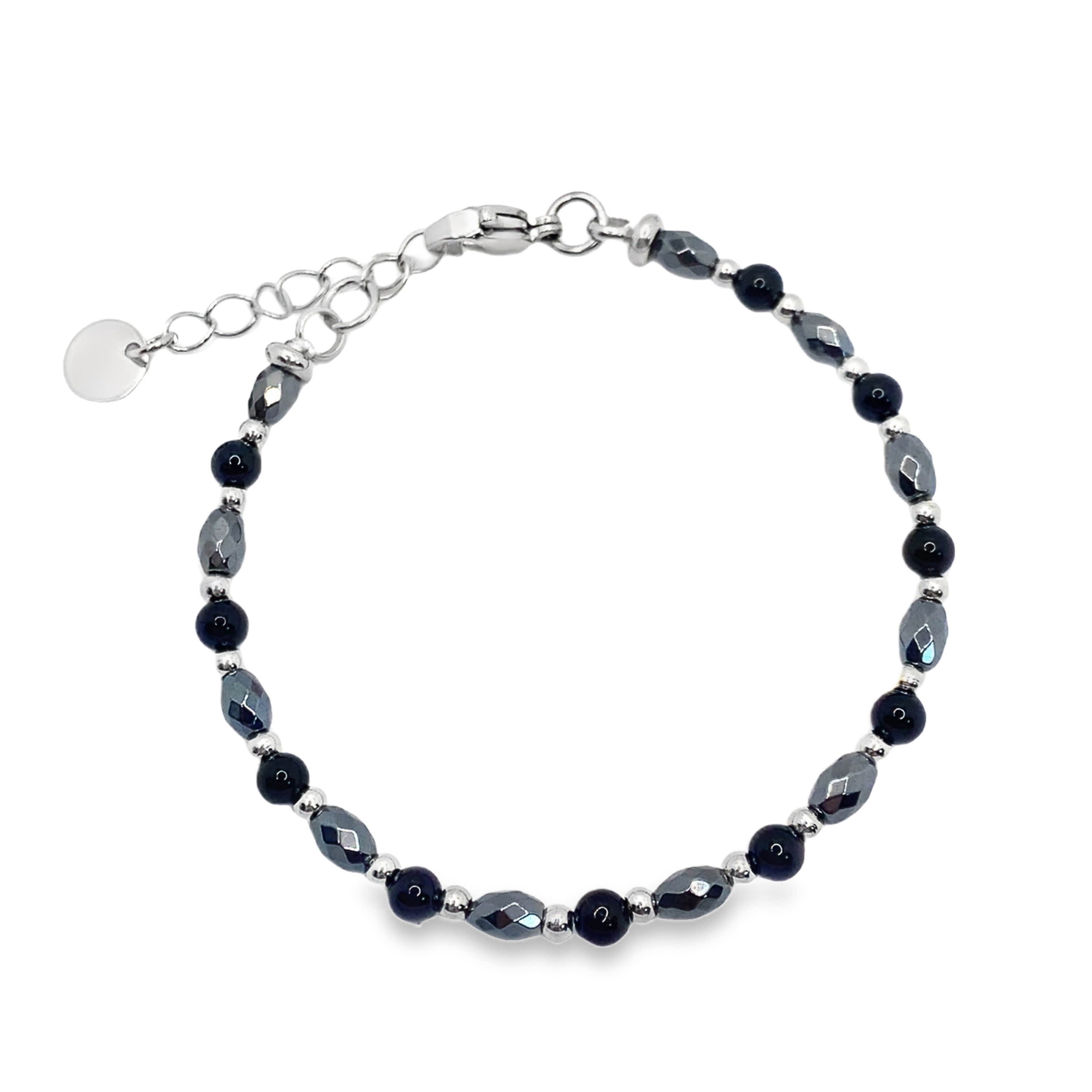 Posrebrzana bransoletka z koralikami i okrągłymi kaboszonami z onyksu