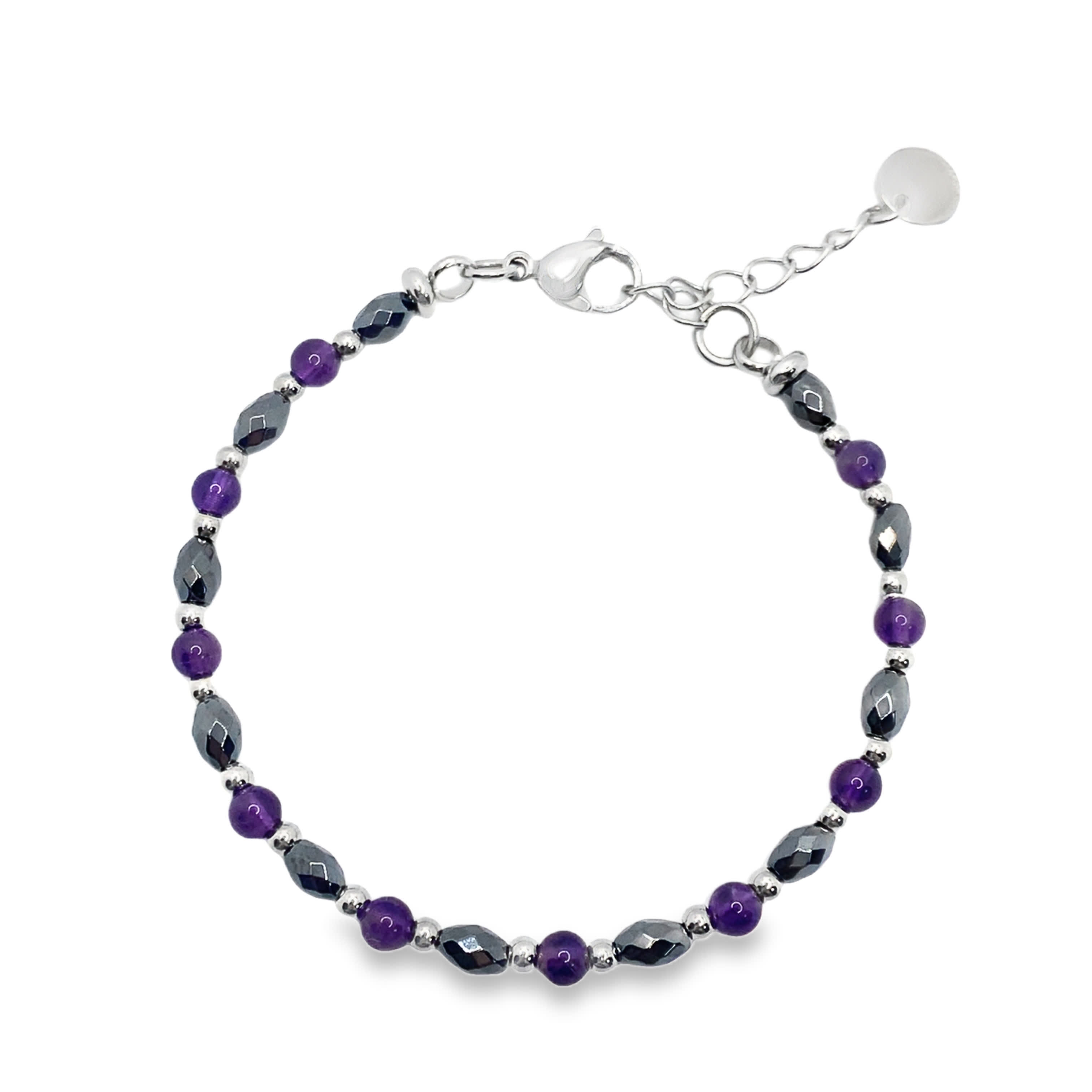 Posrebrzana bransoletka z koralikami i kaboszonami ametystu