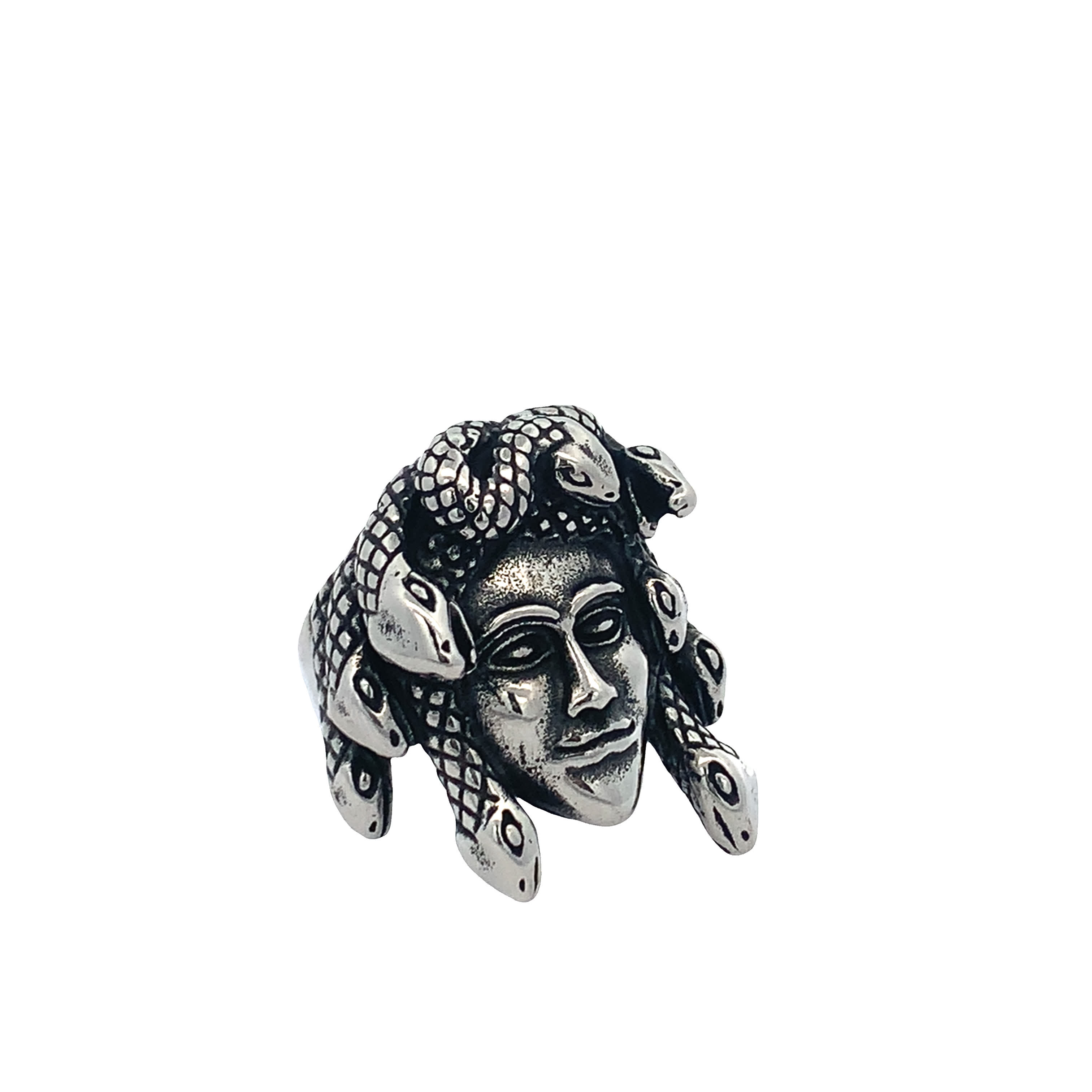 Posrebrzany sygnet z głową Meduzy