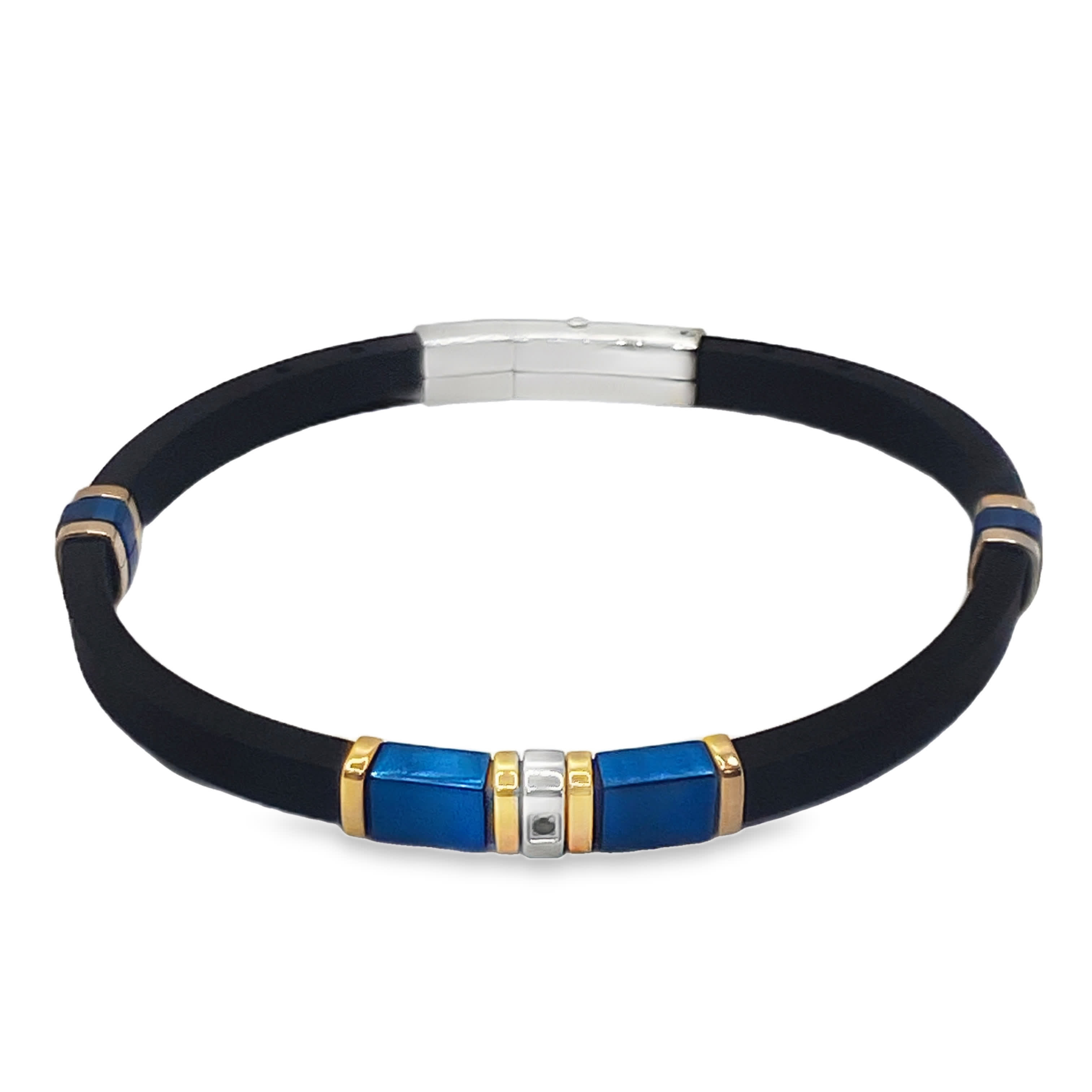 Nowoczesna bransoletka z koralików bez metalu z niebieskimi i metalowymi akcentami