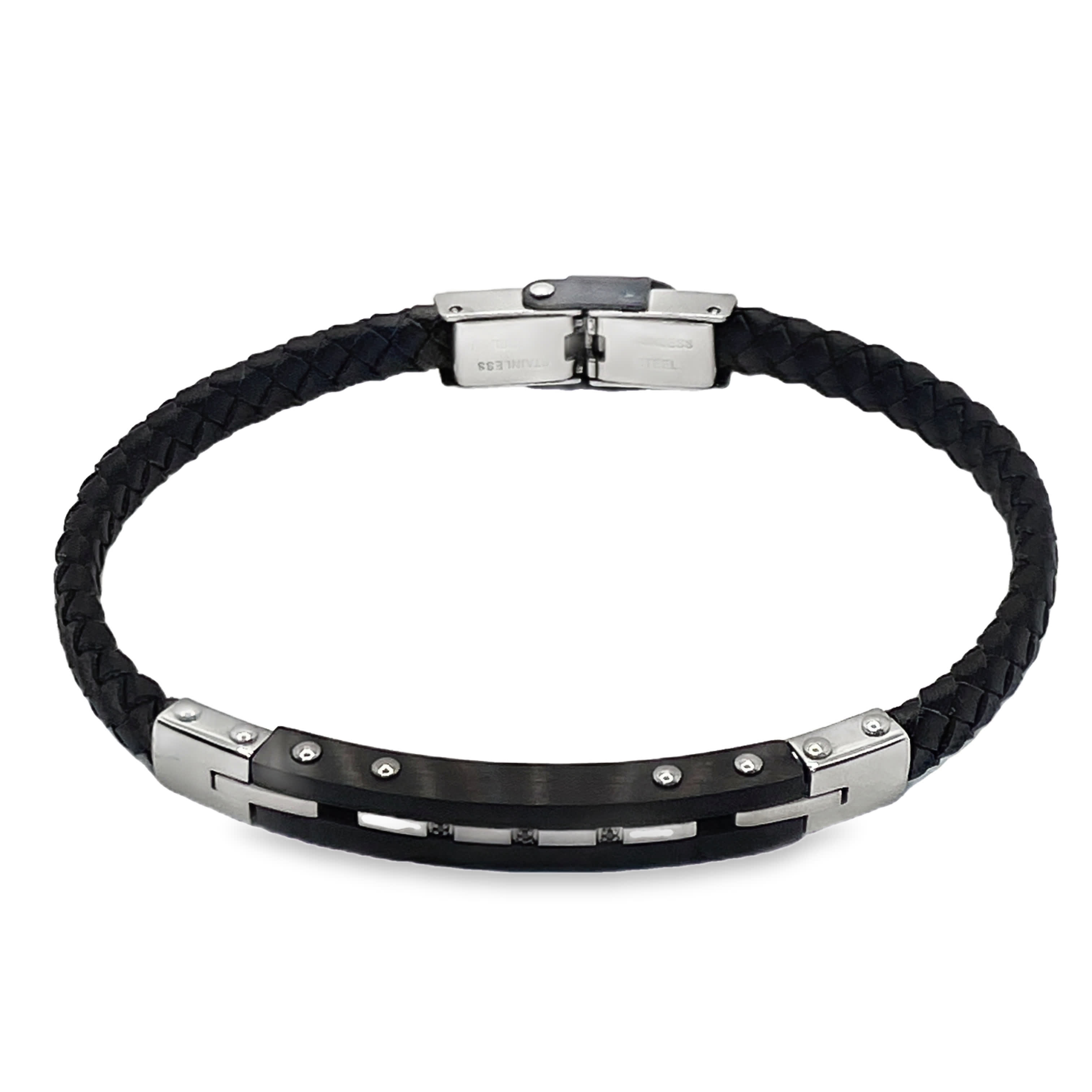 Męska pleciona skórzana bransoletka z akcentami ze stali nierdzewnej