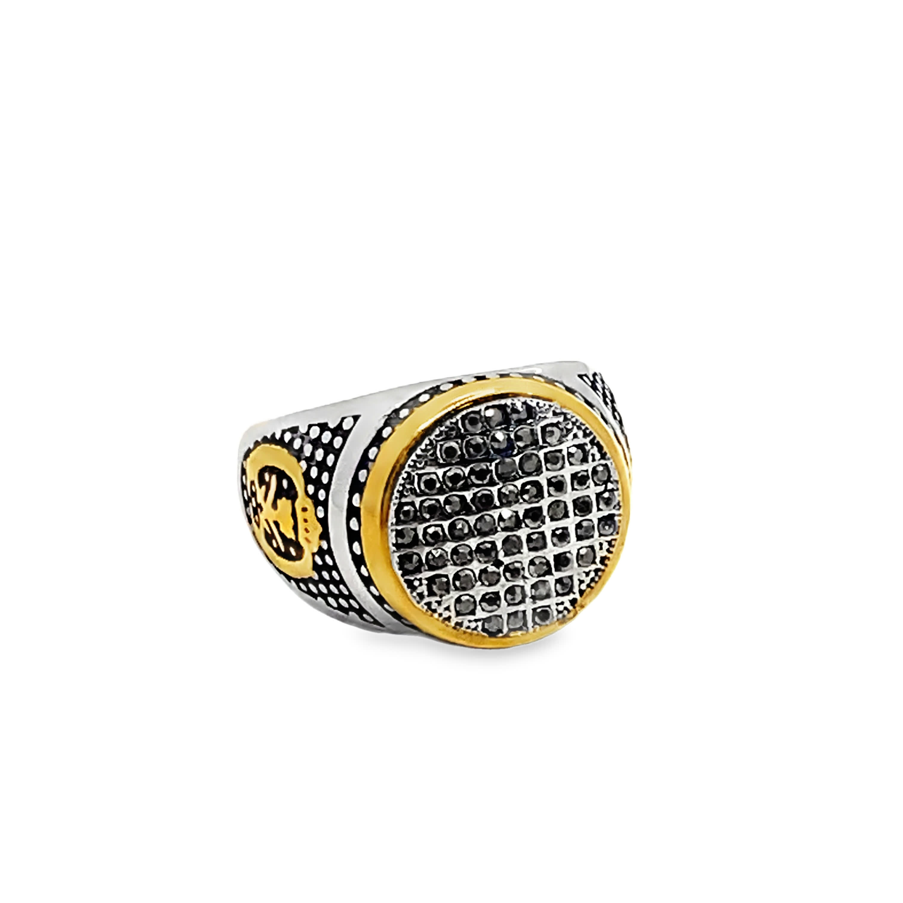 Silver Signet Ring with Fancy Black Diamonds and Yellow Gold Accents