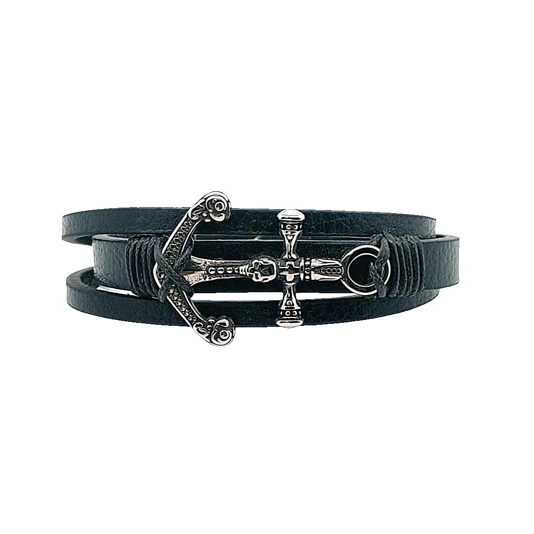 Stylowa czarna skórzana bransoletka z kotwicą