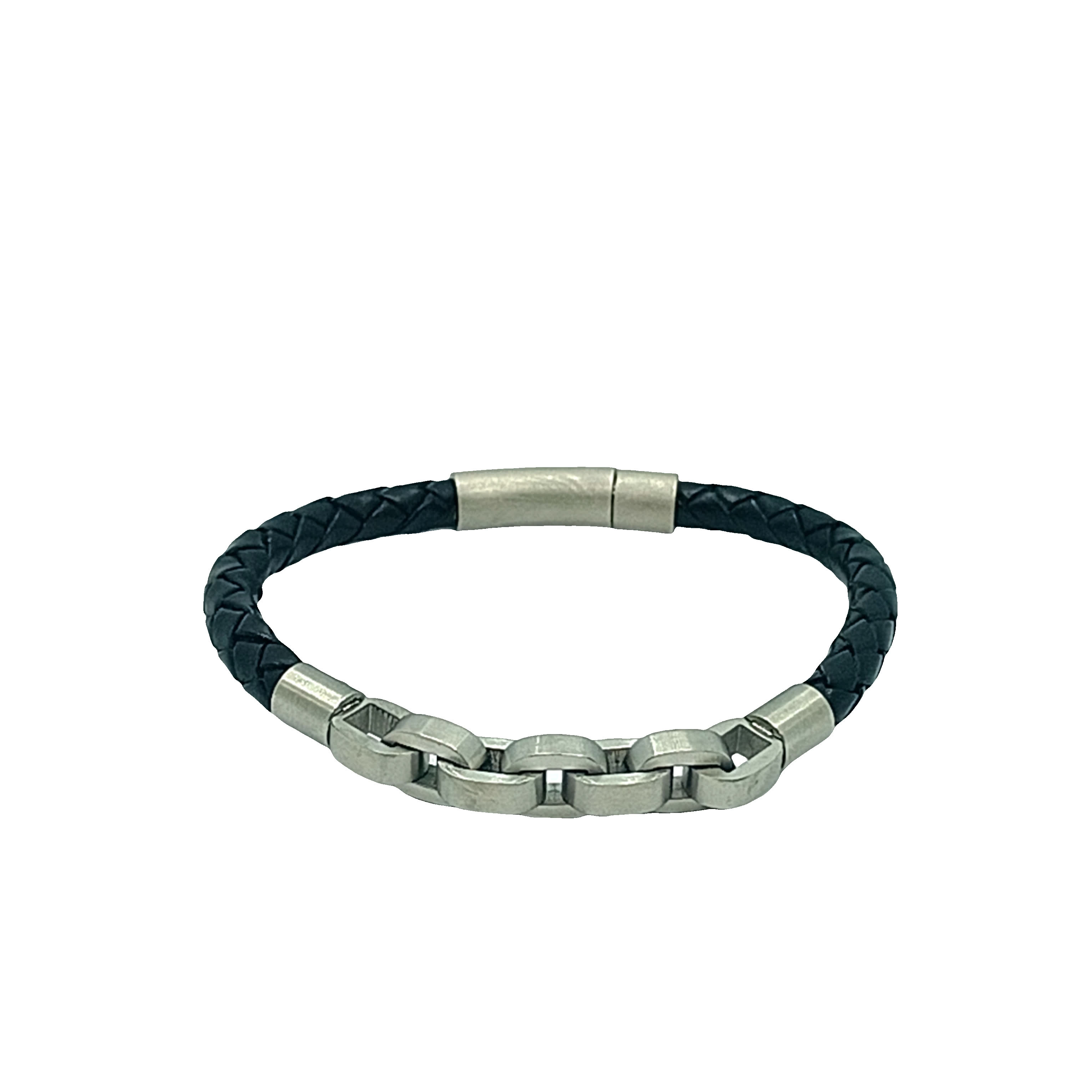 Bransoletka ze srebrnego łańcuszka i czarnego plecionego paska