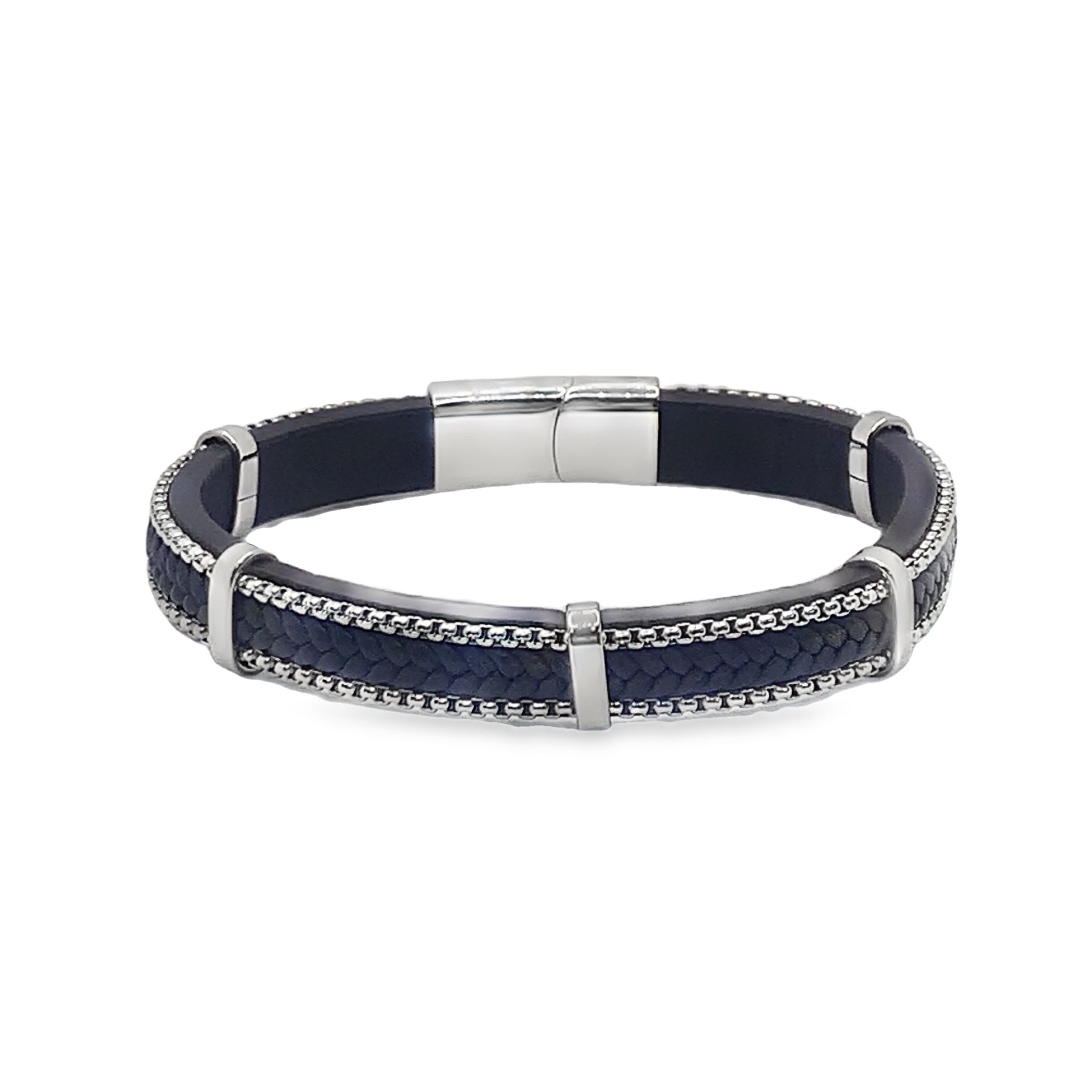 Męska ciemna skórzana bransoletka z łańcuszkiem w kolorze posrebrzanym