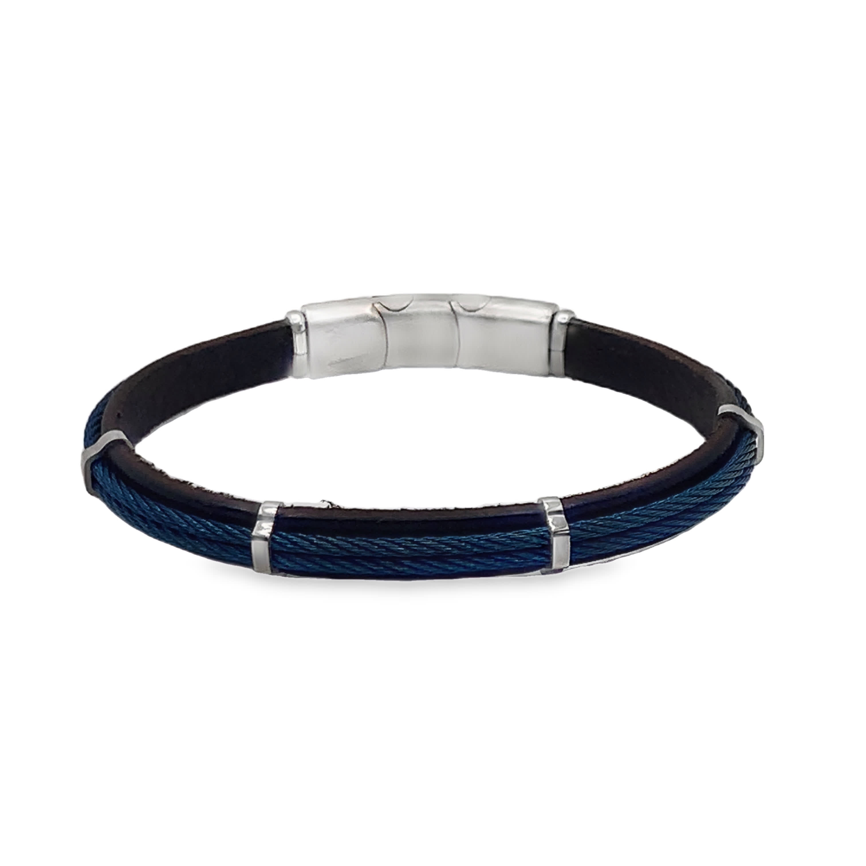Bransoletka pleciona z niebieskiego kabla ze skórzanymi akcentami