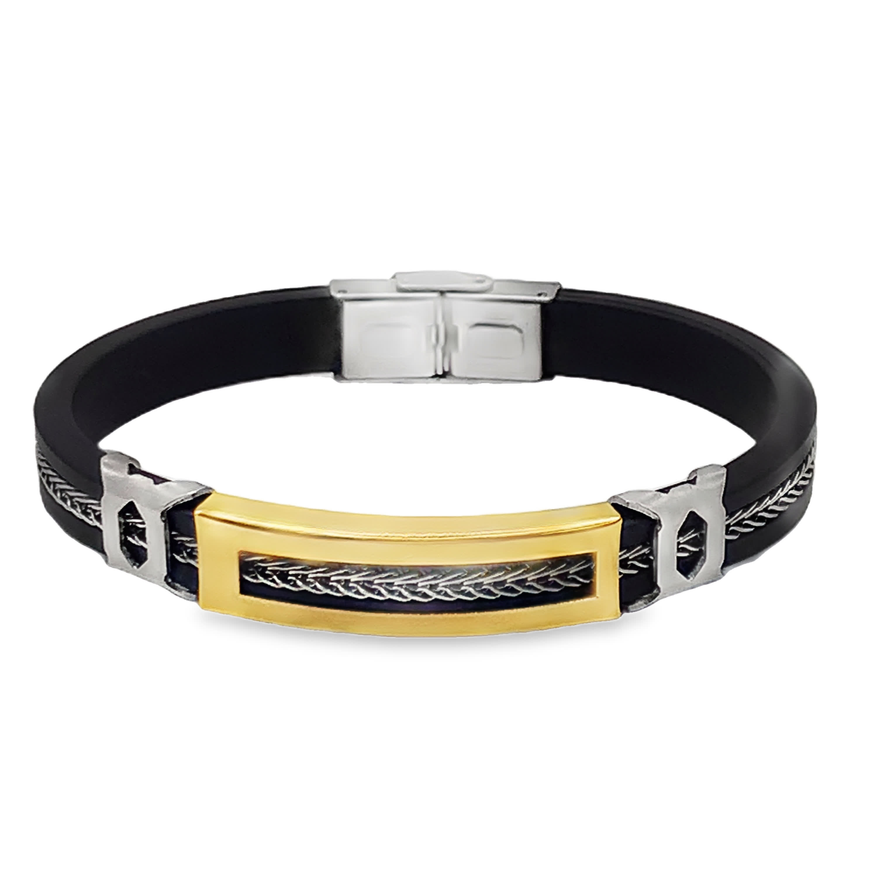 Bransoleta ze stali nierdzewnej i czarnego łańcuszka z gumy ze złocistymi detalami