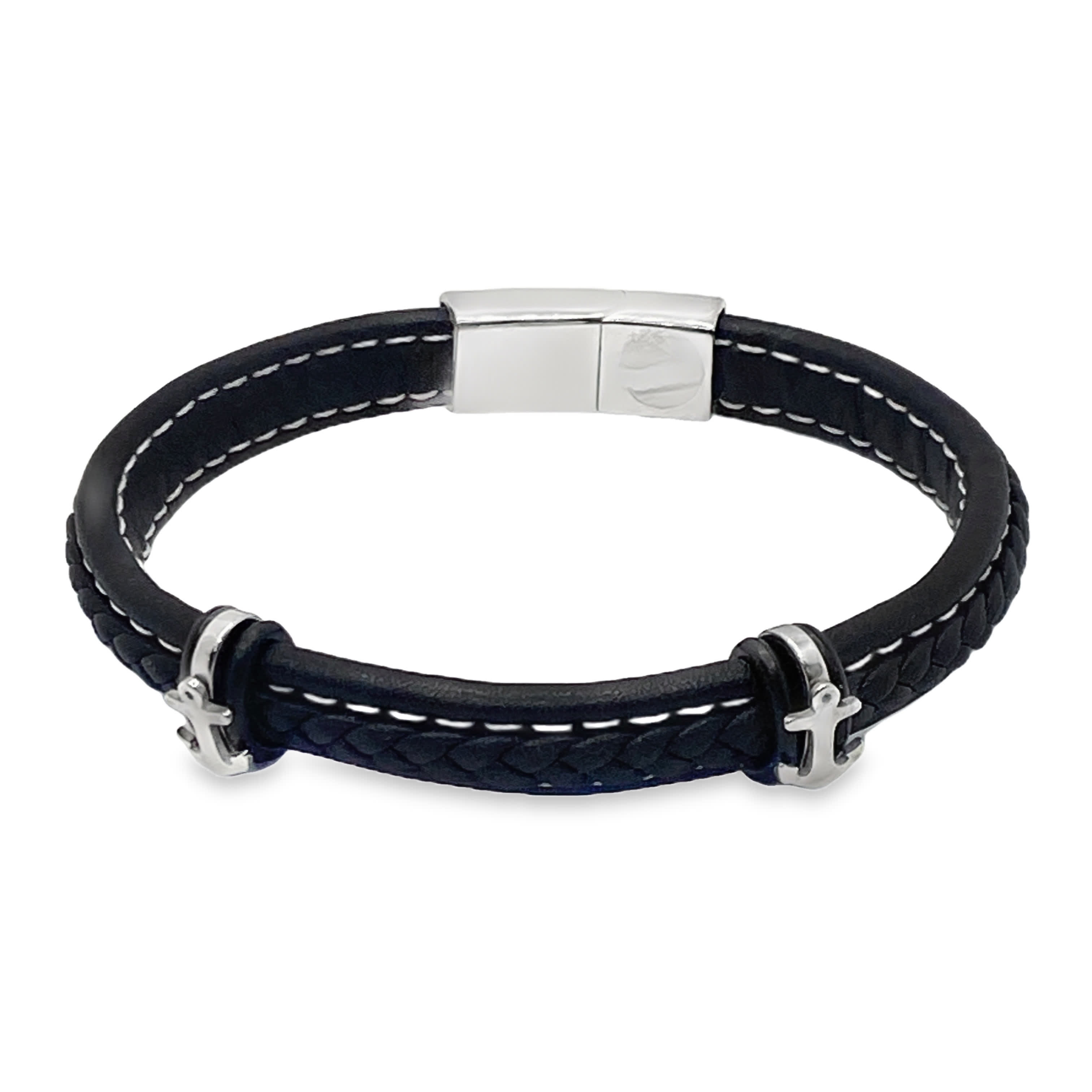 Bransoletka z czarnego plecionego łańcuszka ze srebrnymi akcentami w kształcie kotwicy