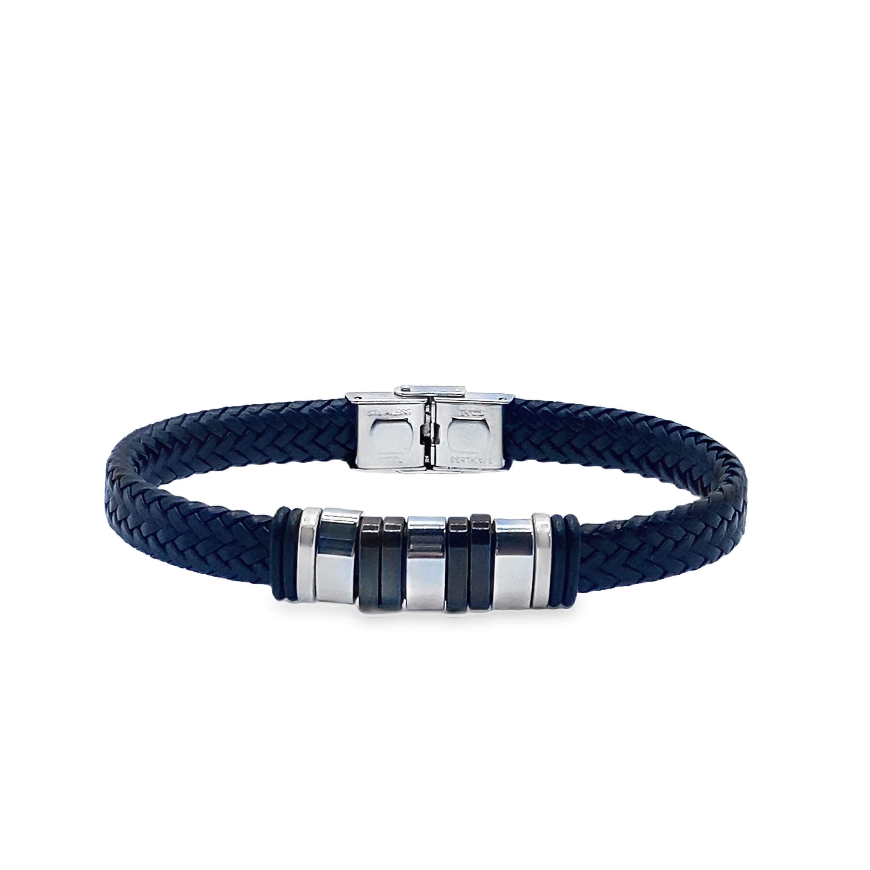 Bransoletka pleciona z czarnym paskiem i metalowymi akcentami