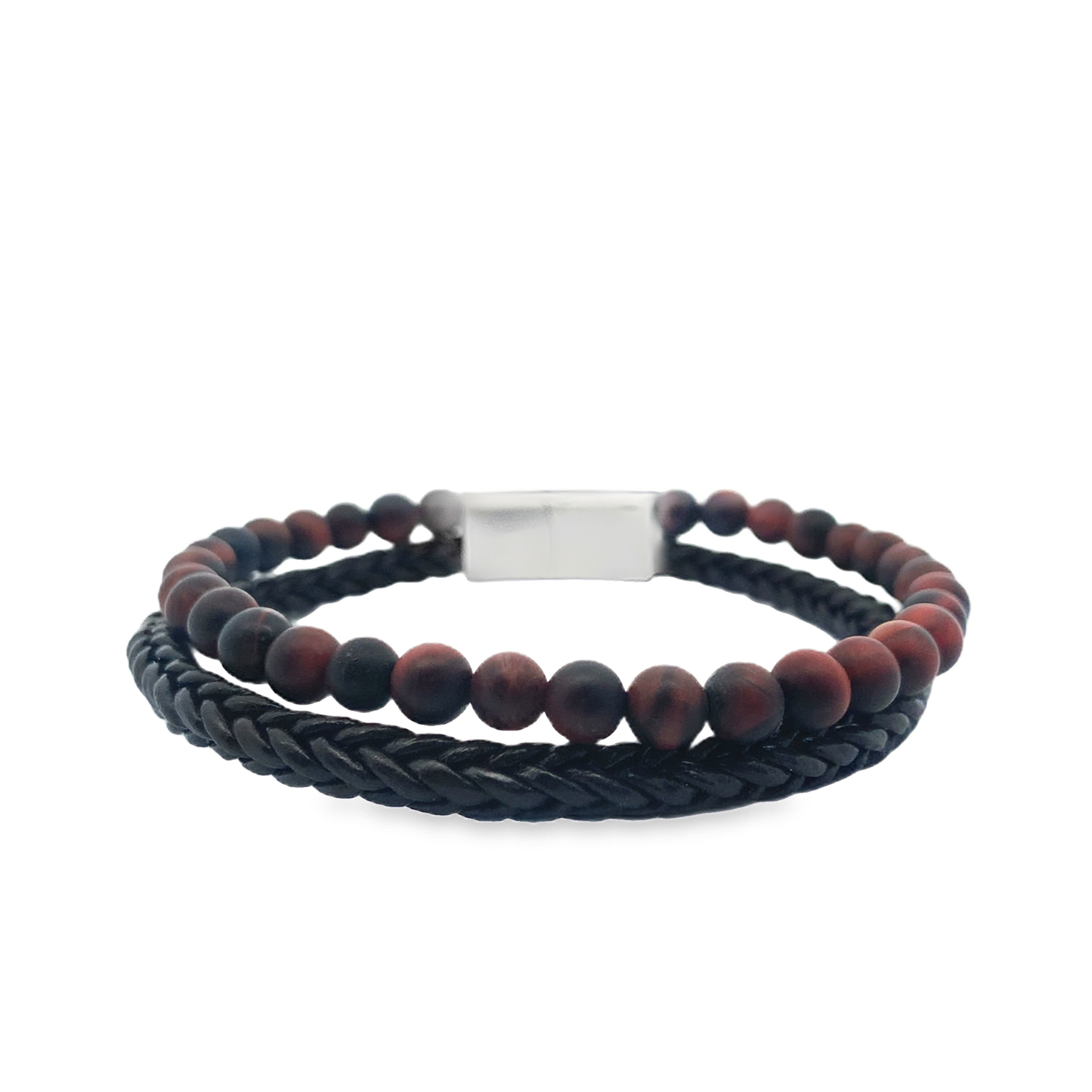 Double-Strand Red Agate Bead and Braided Cord Bracelet with Magnetic Clasp