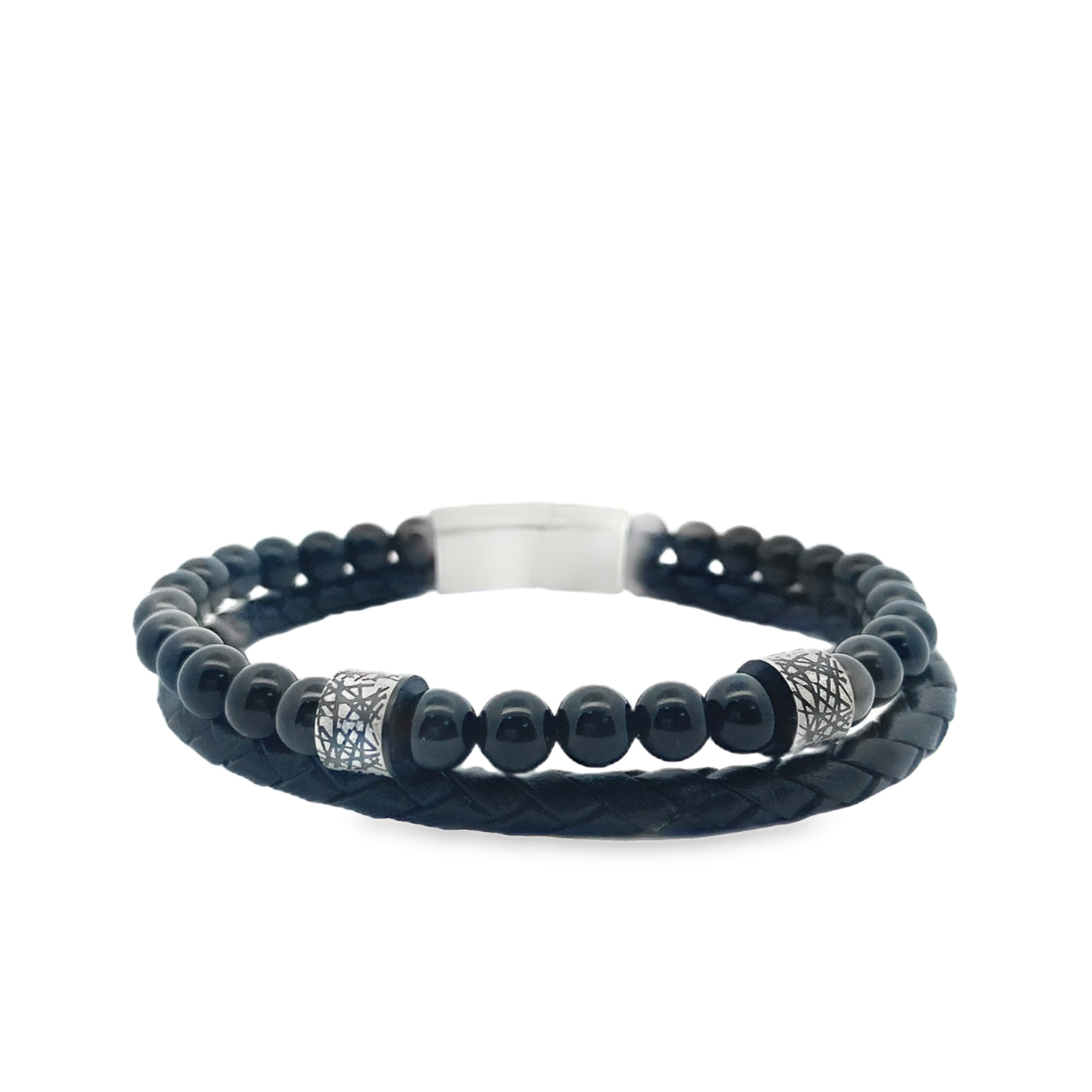 Men\\\'s Double-Row Black Onyx Beaded and Braided Leather Bracelet