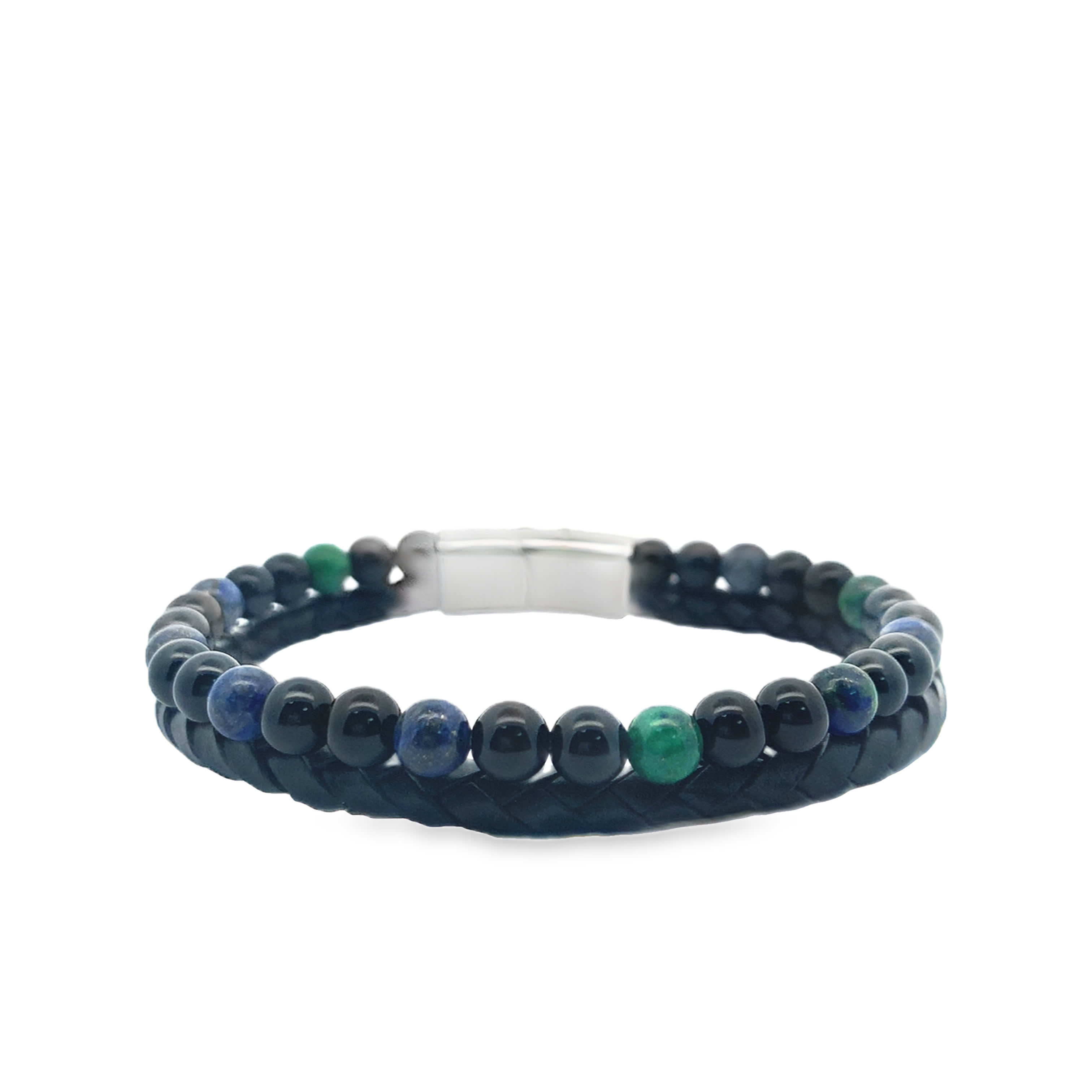 Men\\\'s Double-Row Black Onyx Beaded and Braided Leather Bracelet