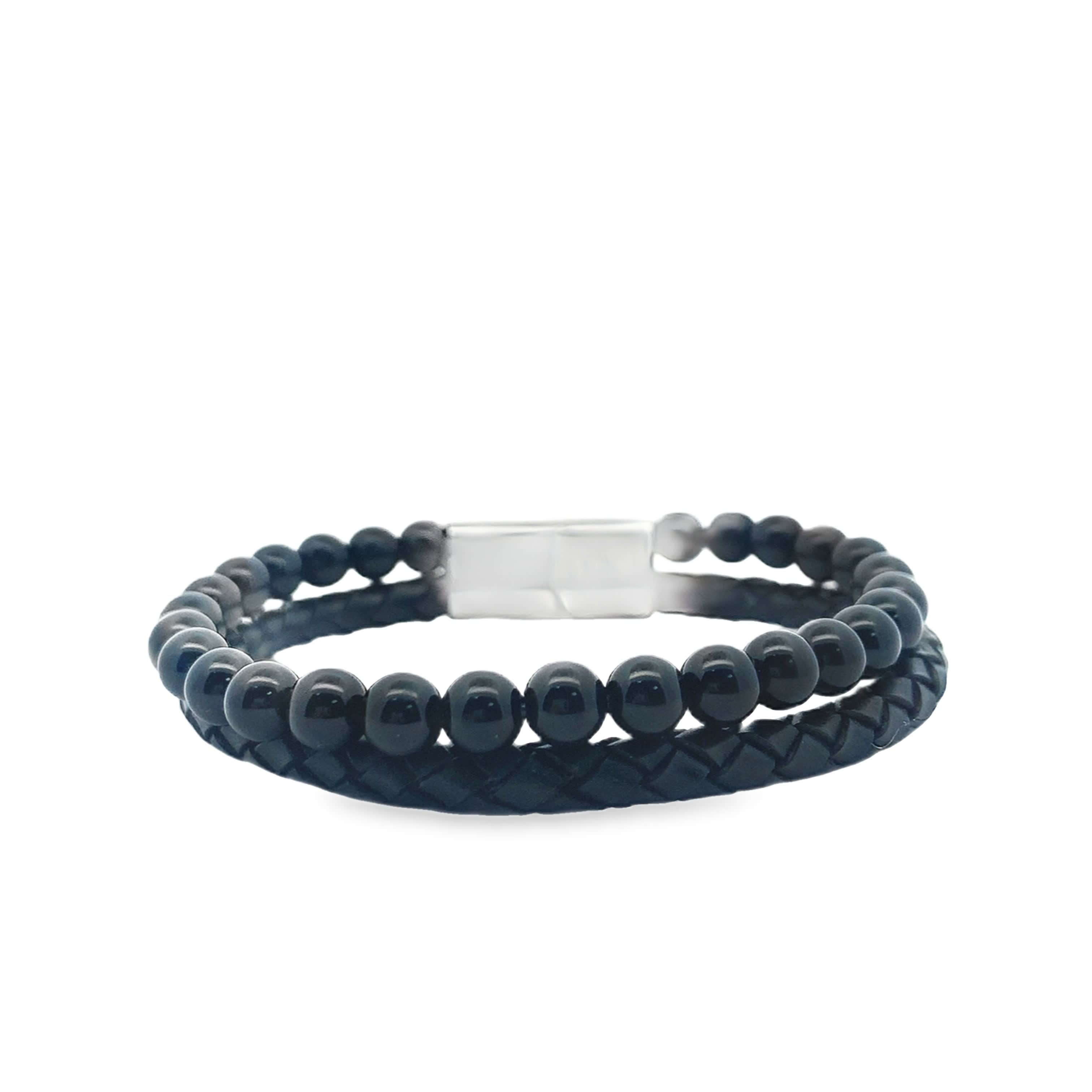 Double-Strand Polished Black Onyx and Braided Leather Men\\\'s Bracelet