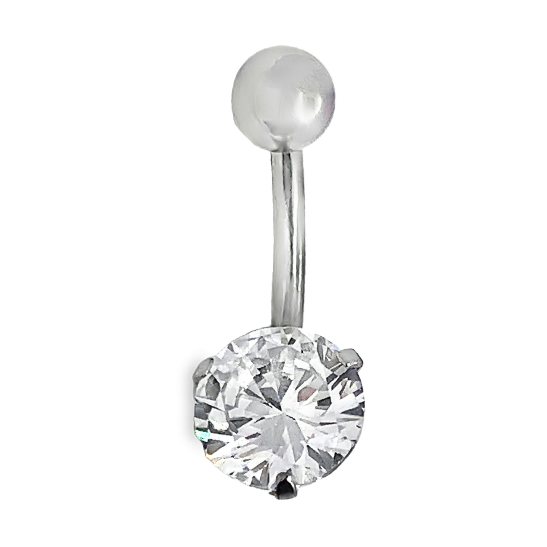 Curved barbell ring do pępka z okrągłym kamieniem cyrkonii w oprawie łapkowej