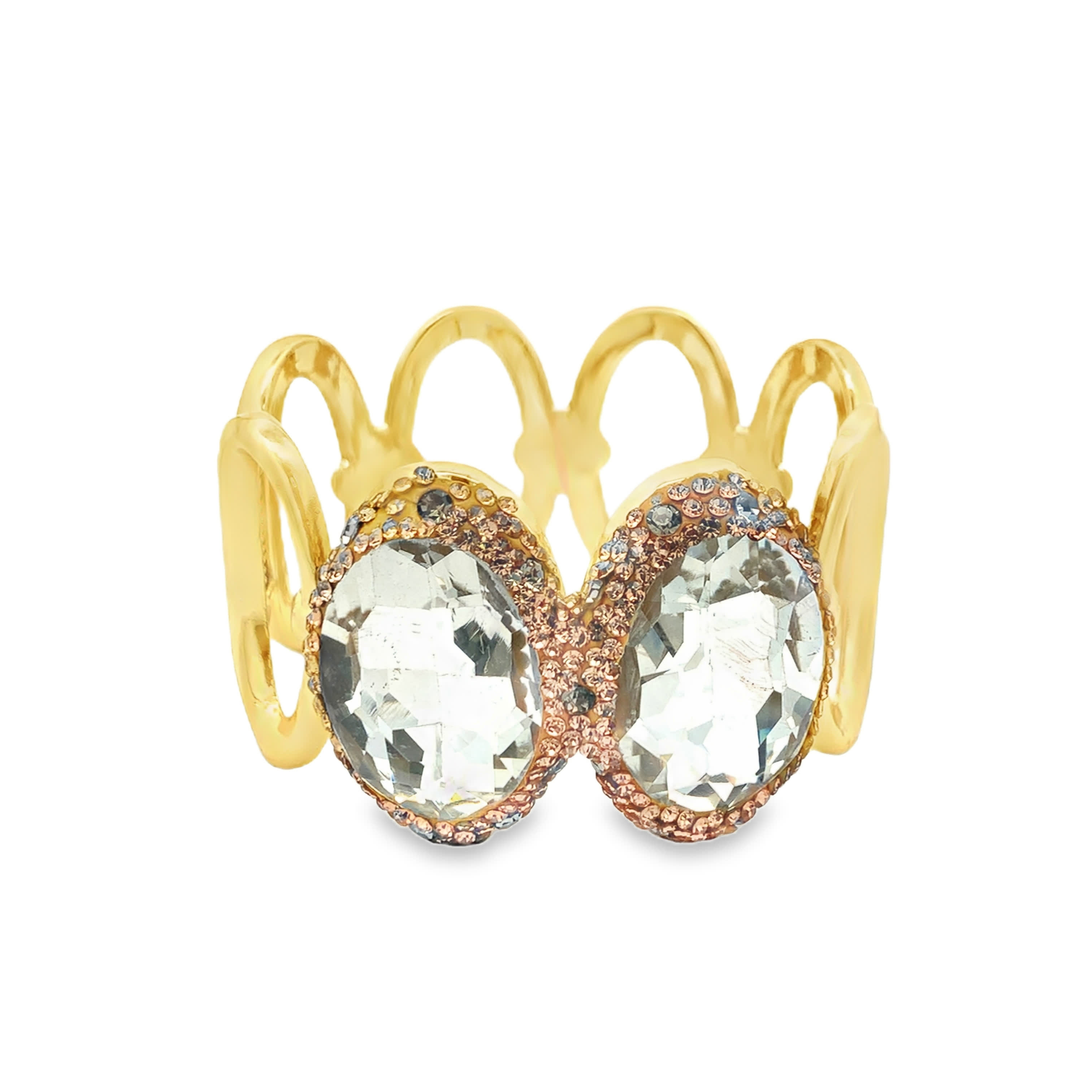 Sztywna bransoletka z pozłacanego metalu z owalnymi jasnymi kamieniami ozdobnymi