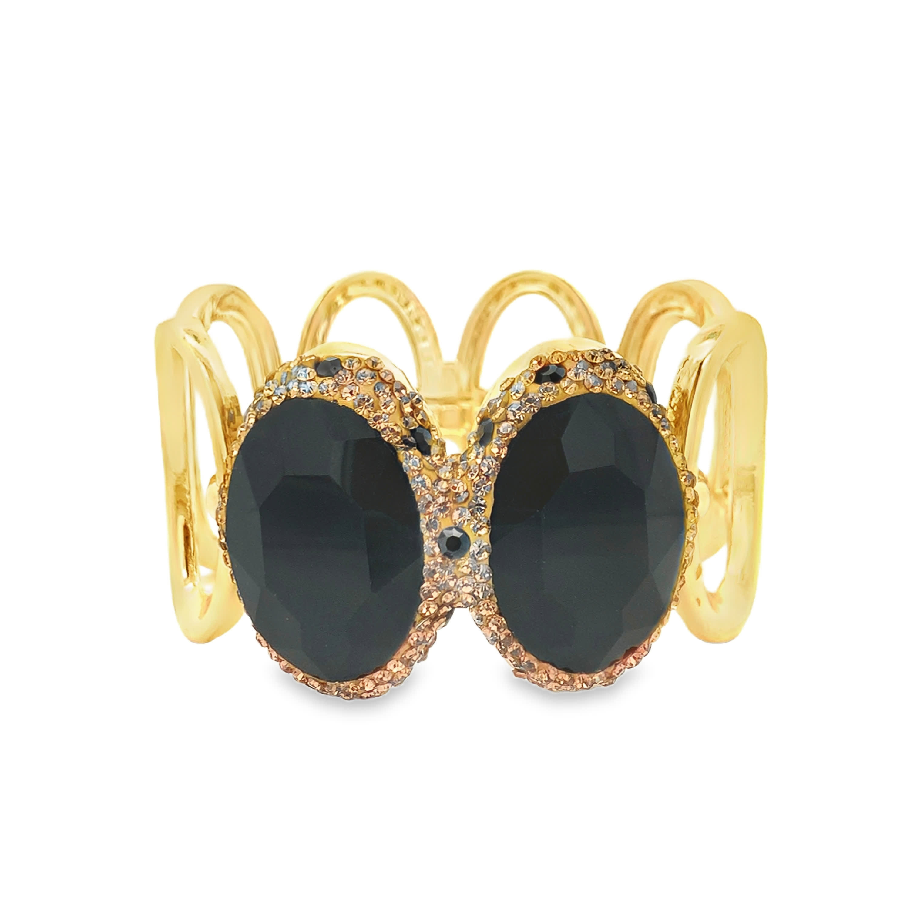Yellow Gold Bangle Bracelet Featuring Oval Onyx Cabochons