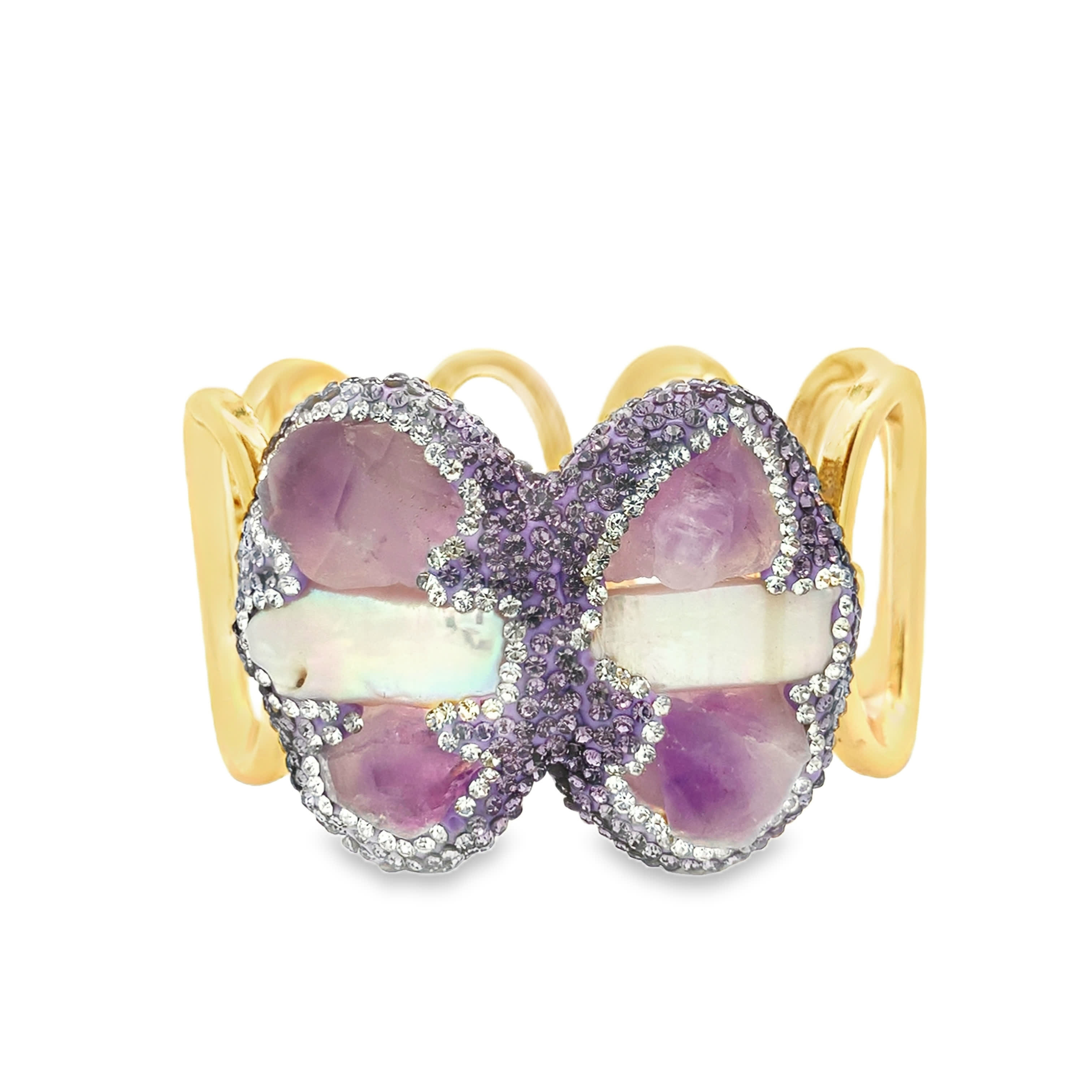 Sztywna bransoletka z pozłacanego metalu z owalnym fioletowym kamieniem ozdobnym