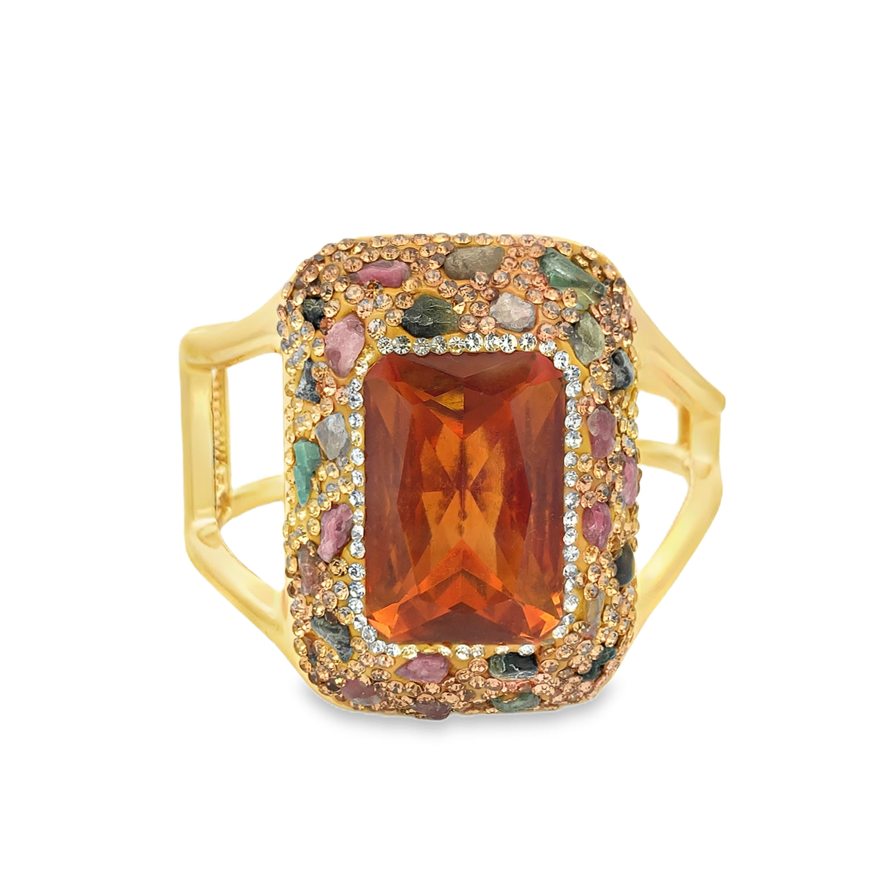 Yellow Gold Bangle Bracelet with Orange Emerald Cut Crystal