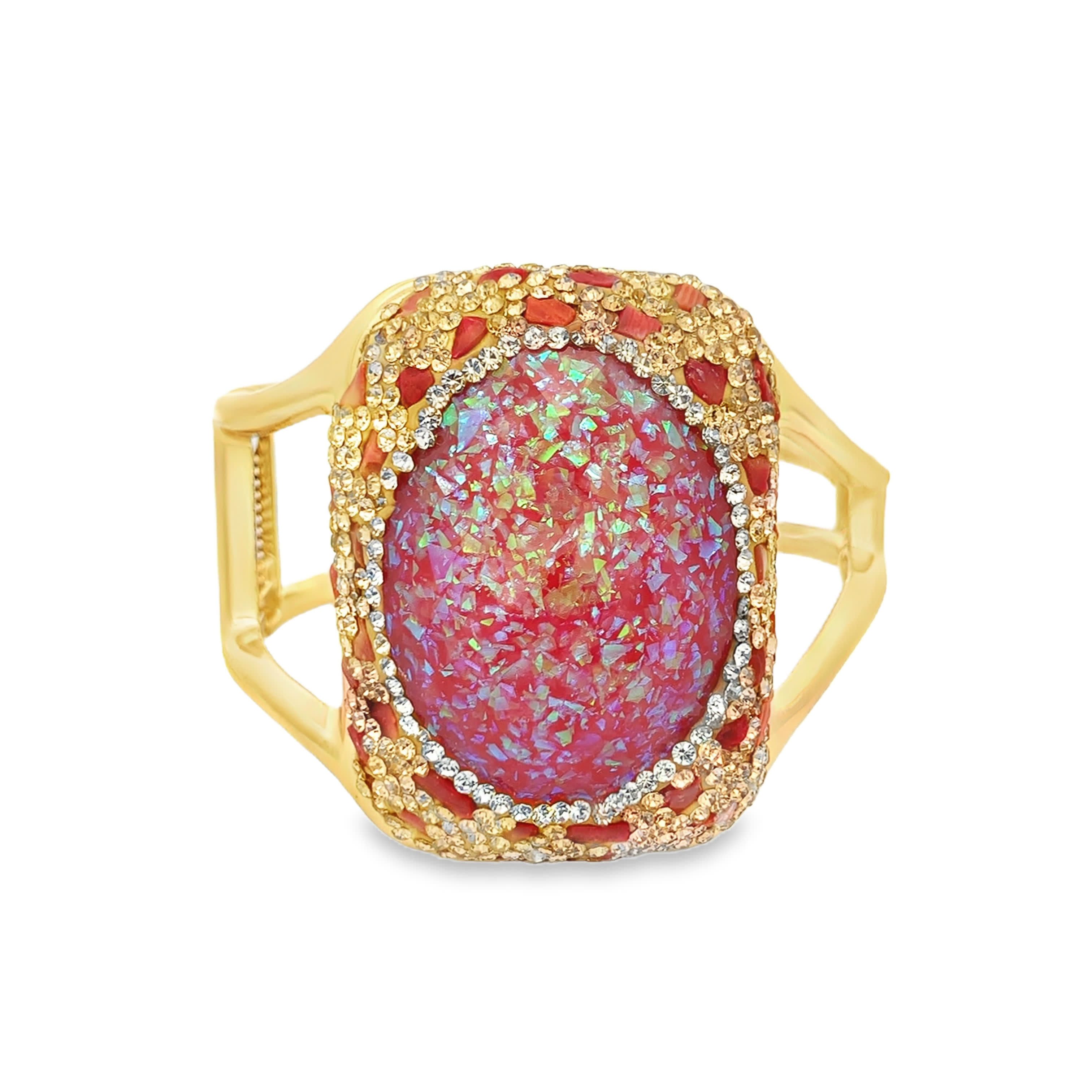 Sztywna bransoletka z pozłacanego metalu z owalnym czerwonym kamieniem ozdobnym