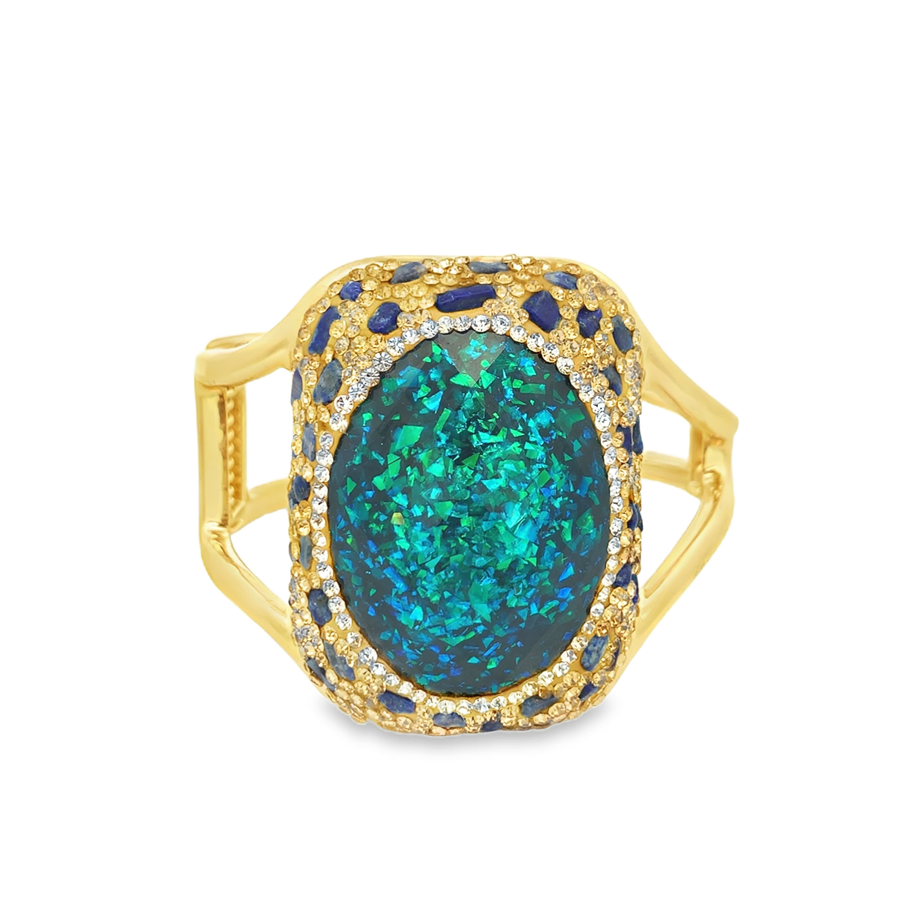 Yellow Gold Bangle with Bluish Green Oval Opal Cabochon