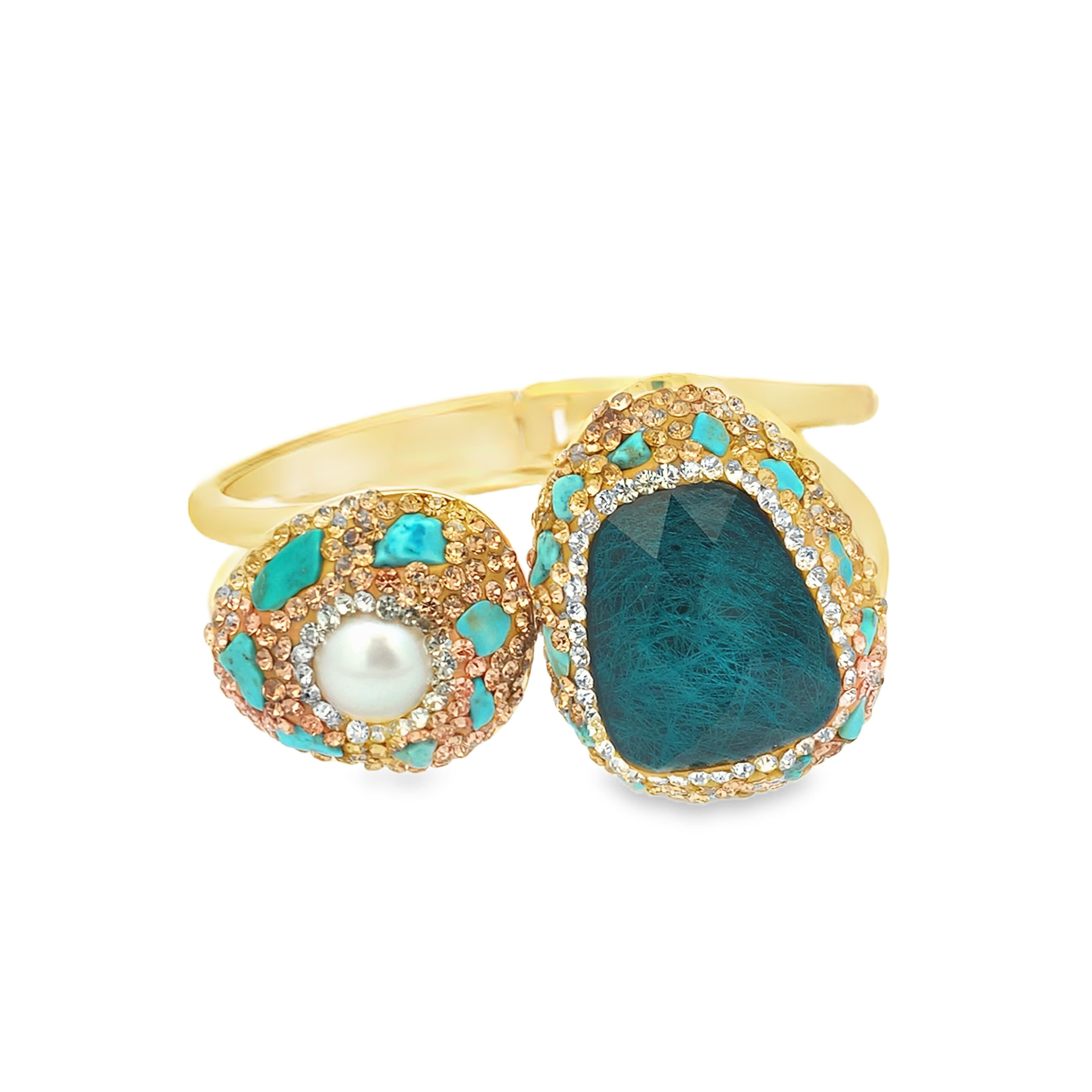 Sztywna bransoletka z pozłacanego metalu z okrągłym jasnym kamieniem ozdobnym