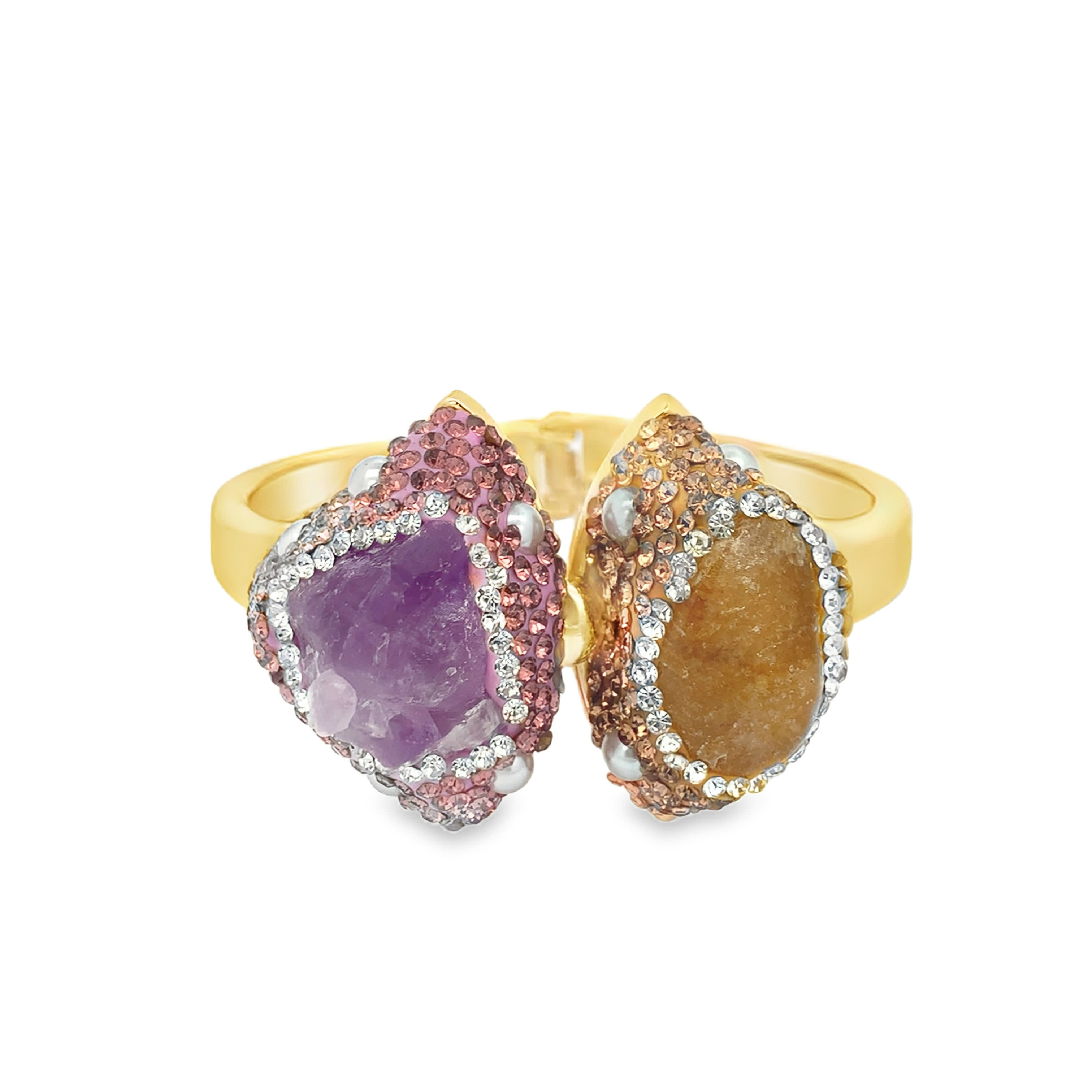 Pierścionek wielokamieniowy z pozłacanego metalu z kamieniami ozdobnymi