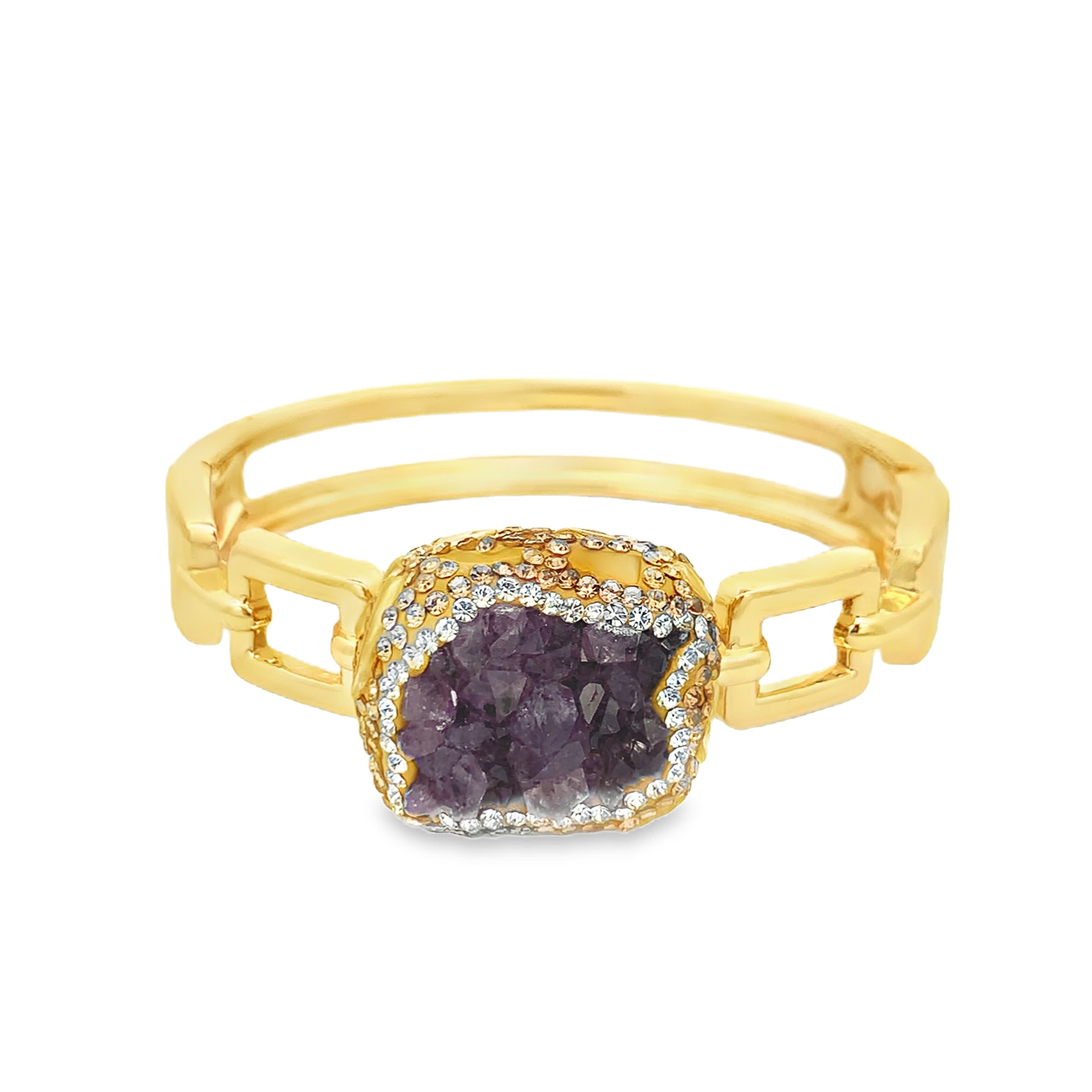 Sztywna bransoletka z pozłacanego metalu z dekoracyjnym fioletowym kamieniem