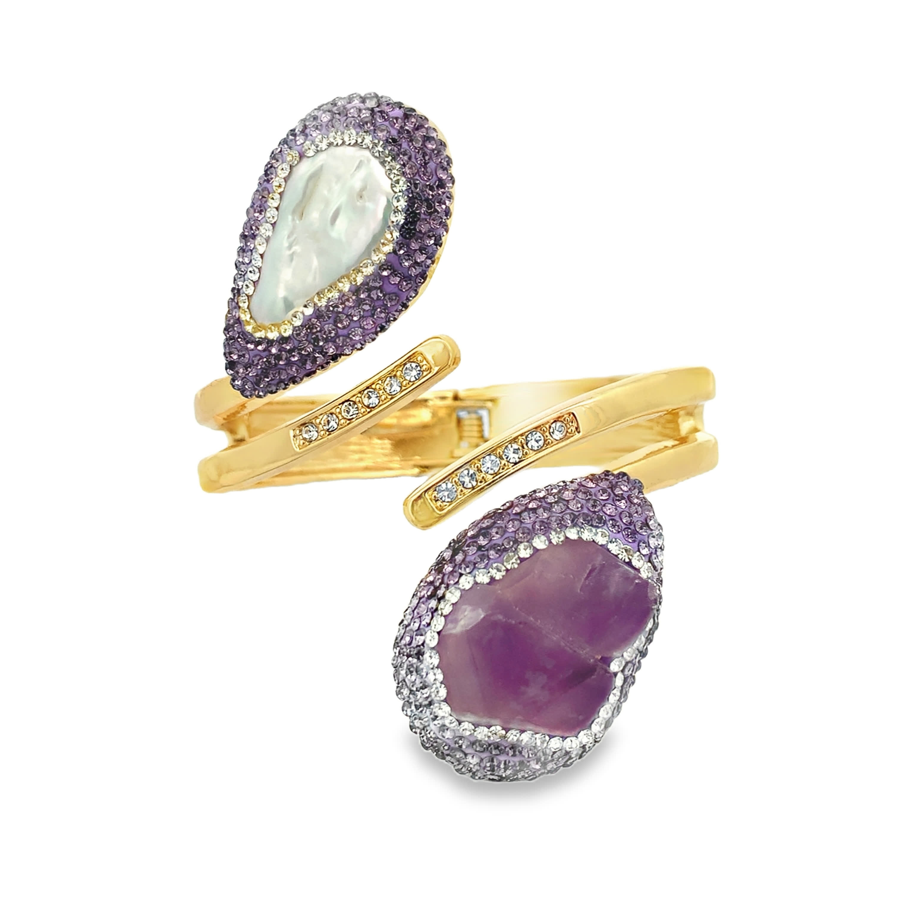 Sztywna bransoletka z pozłacanego metalu z owalnym fioletowym kamieniem ozdobnym