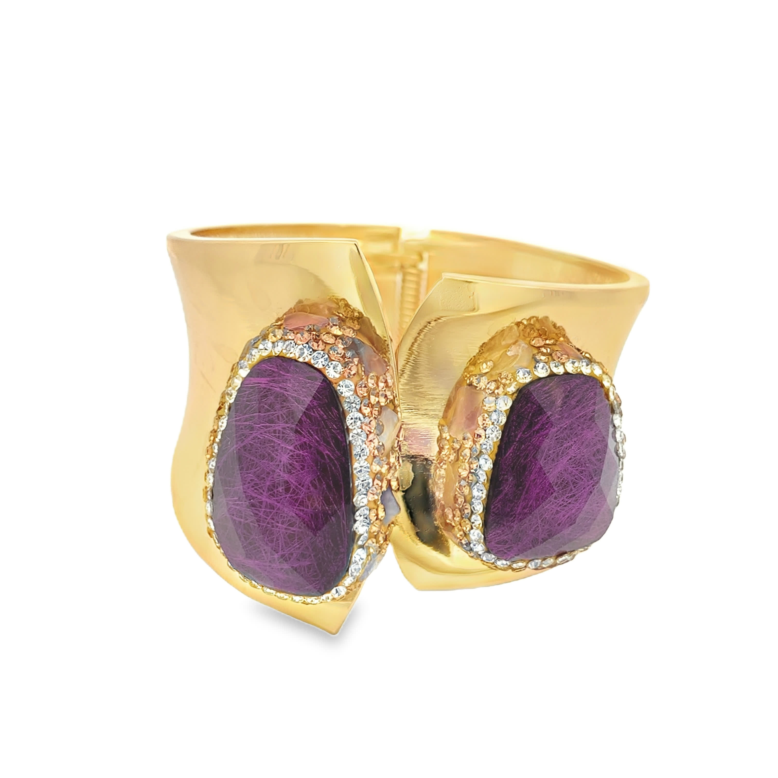 Sztywna bransoletka z pozłacanego metalu z fioletowymi kamieniami ozdobnymi