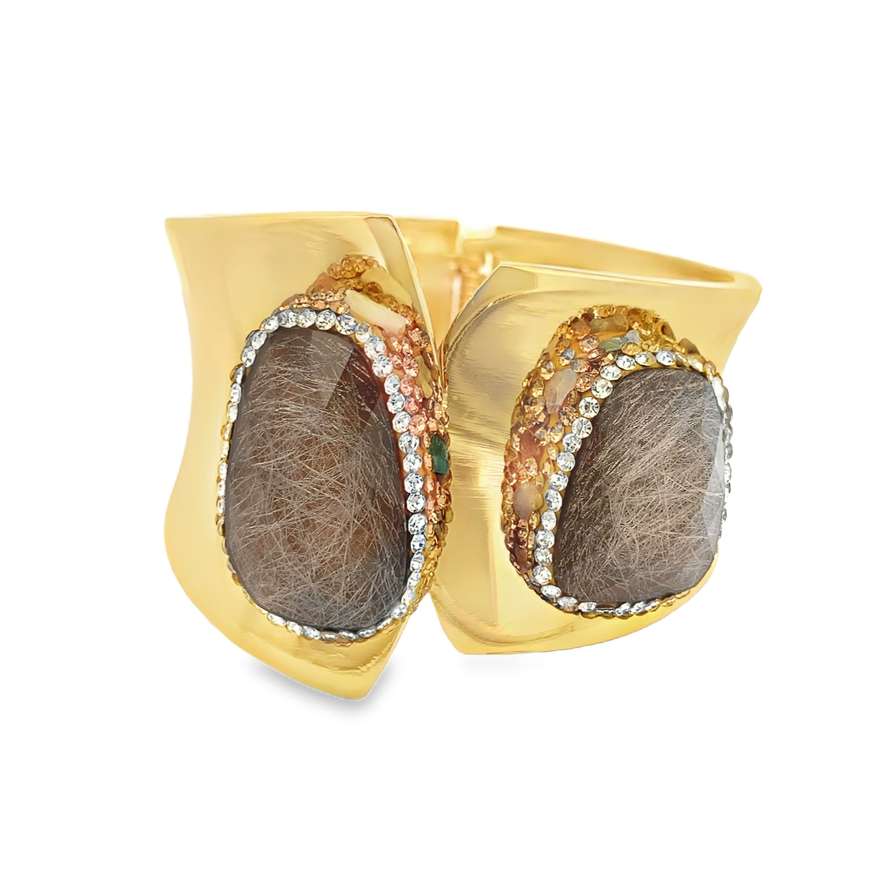 Sztywna bransoletka z pozłacanego metalu z owalnym kamieniem ozdobnym