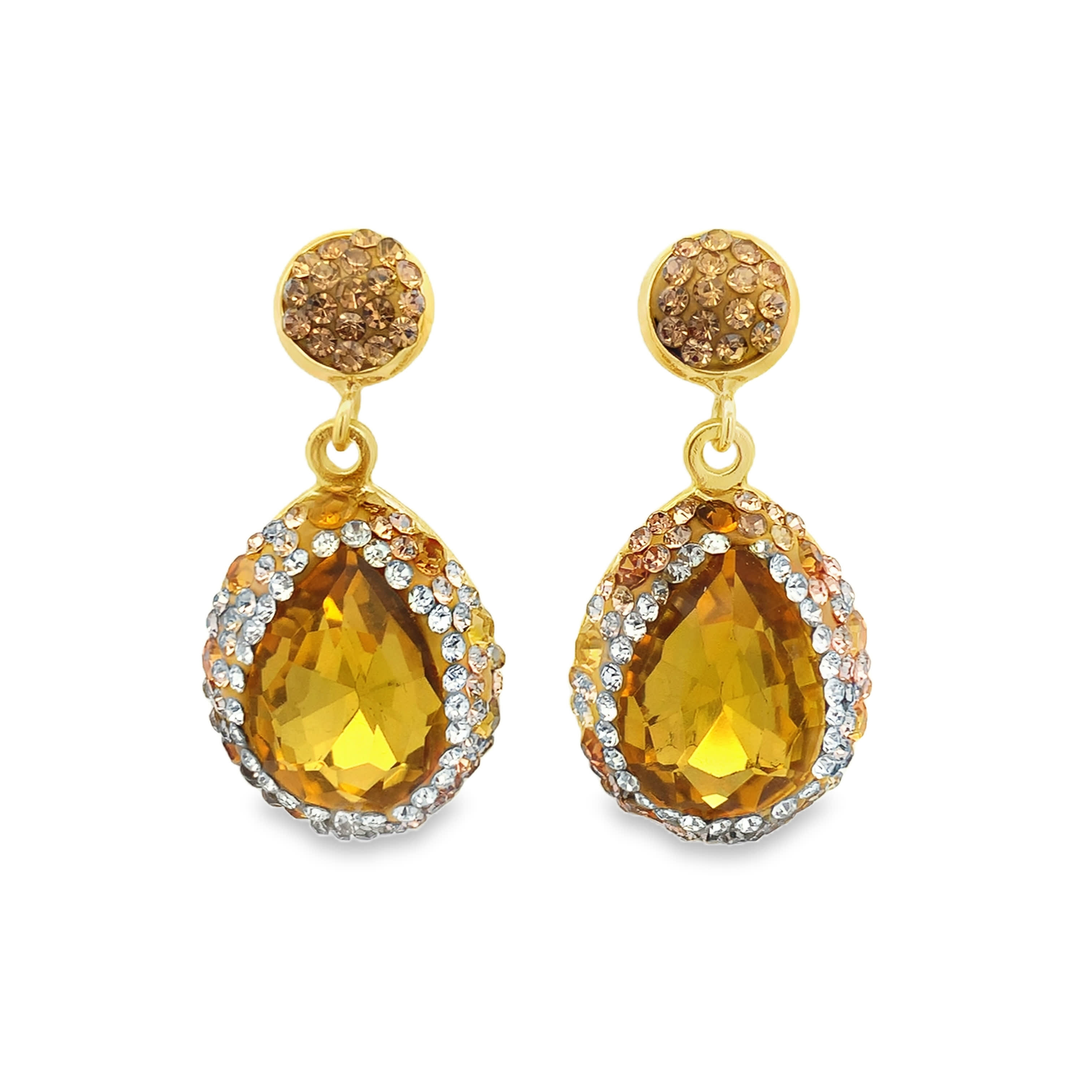 Yellow Gold Drop Earrings with Pear Cut Crystals