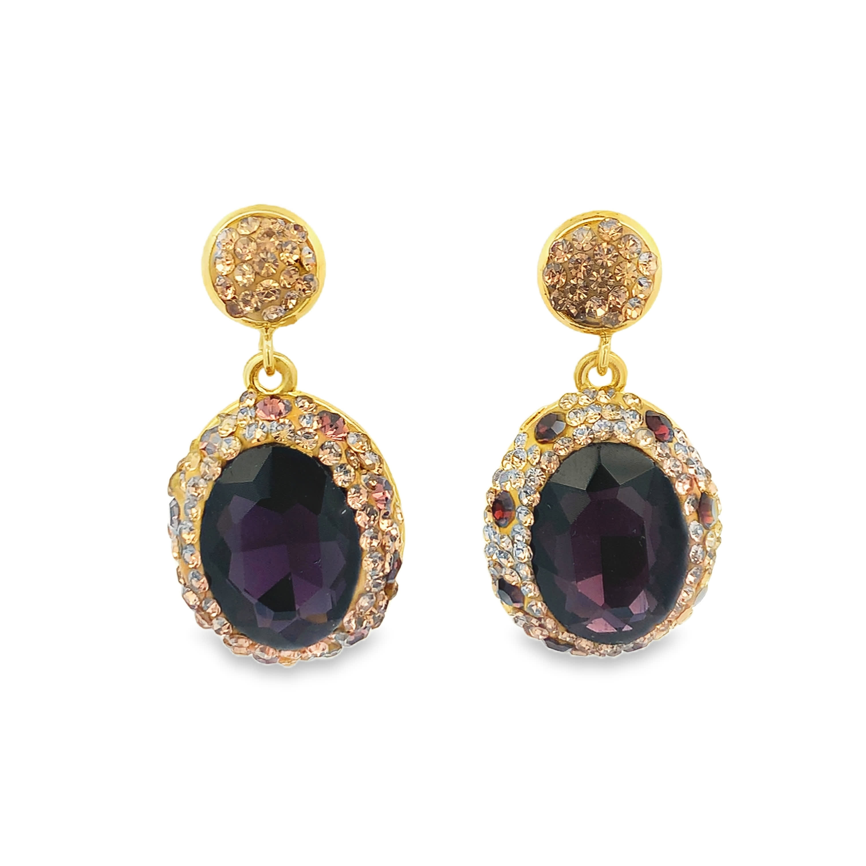 Yellow Gold Drop Earrings with Oval Cabochon Amethyst
