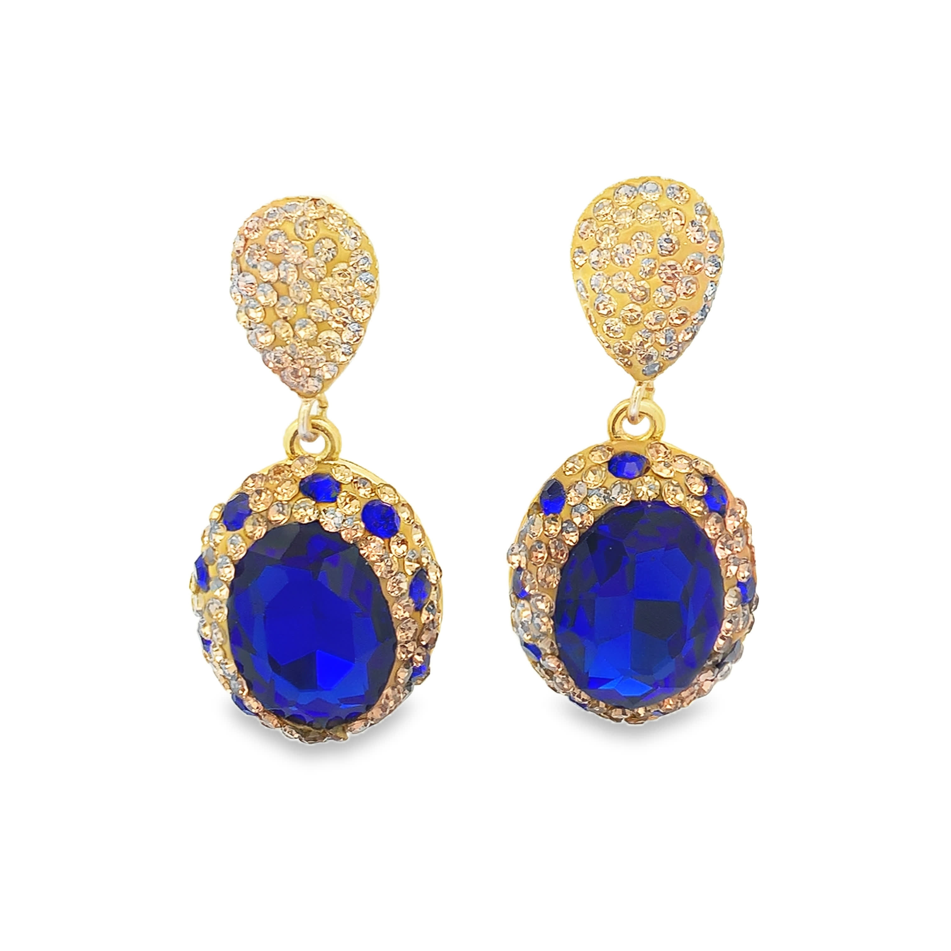 Yellow Gold Drop Earrings with Blue Crystal Cabochons