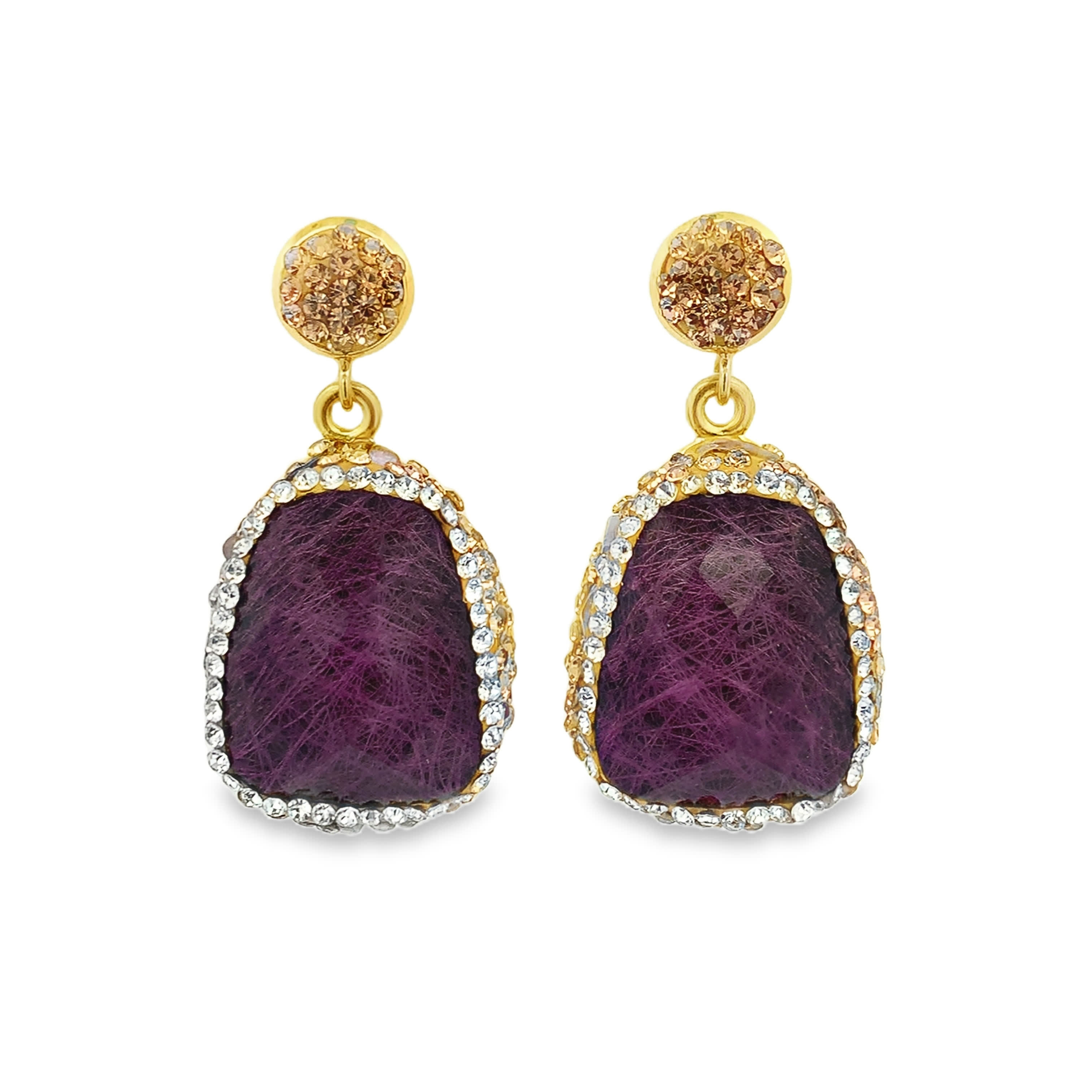 Kolczyki wiszące z pozłacanego metalu z fioletowymi kamieniami ozdobnymi