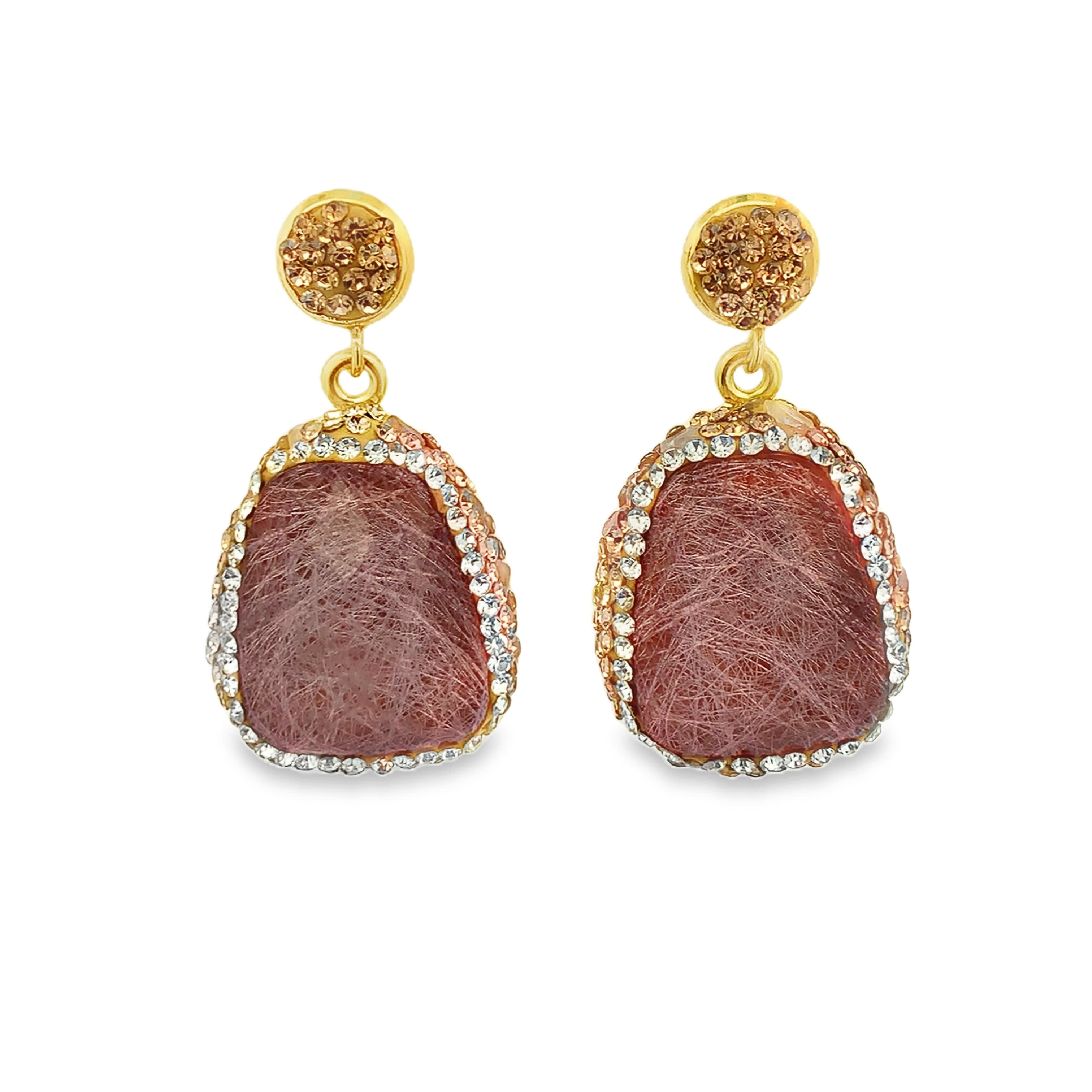Kolczyki wiszące z pozłacanego metalu z kamieniami ozdobnymi w odcieniu czerwono fioletowym