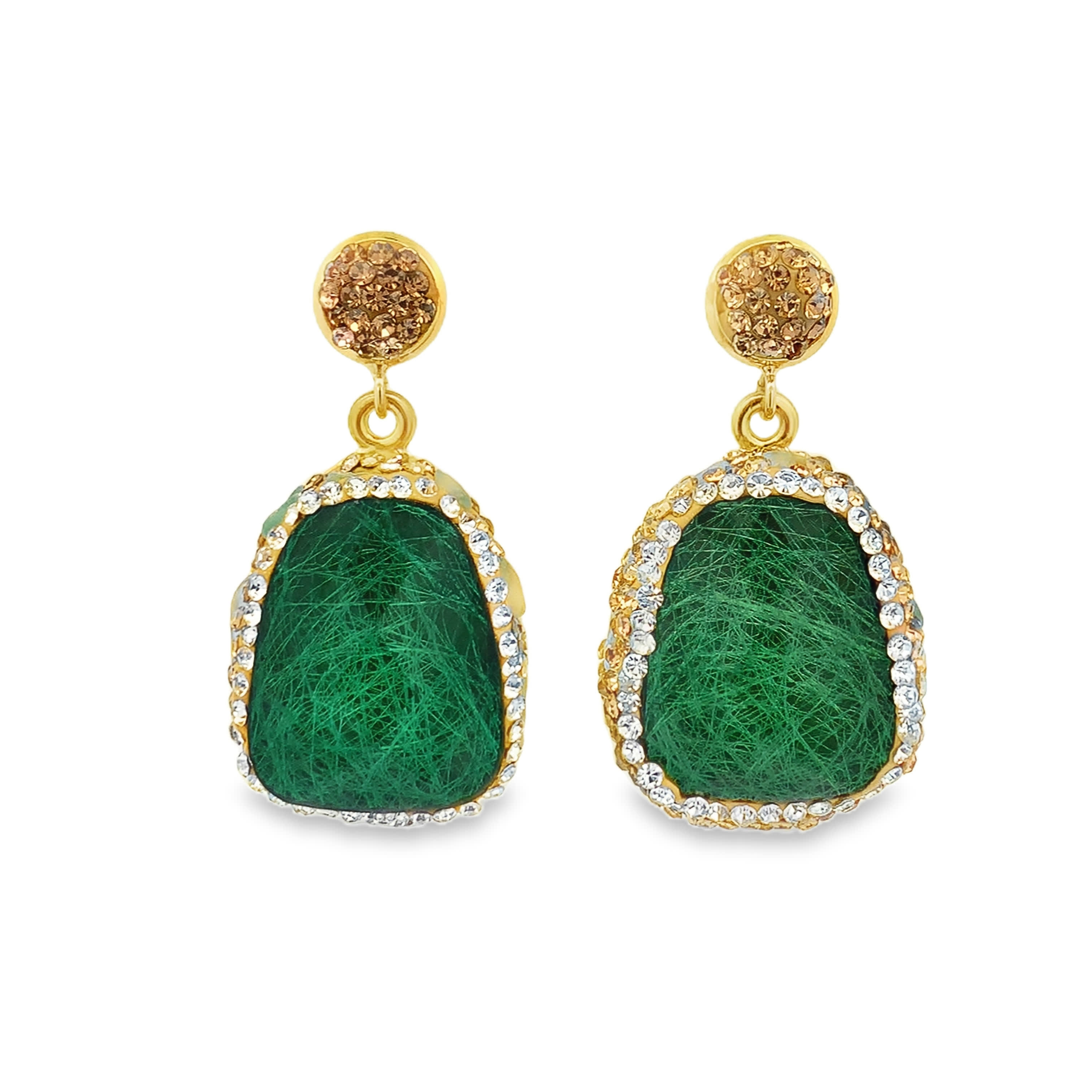 Kolczyki wiszące z pozłacanego metalu z zielonymi kamieniami ozdobnymi