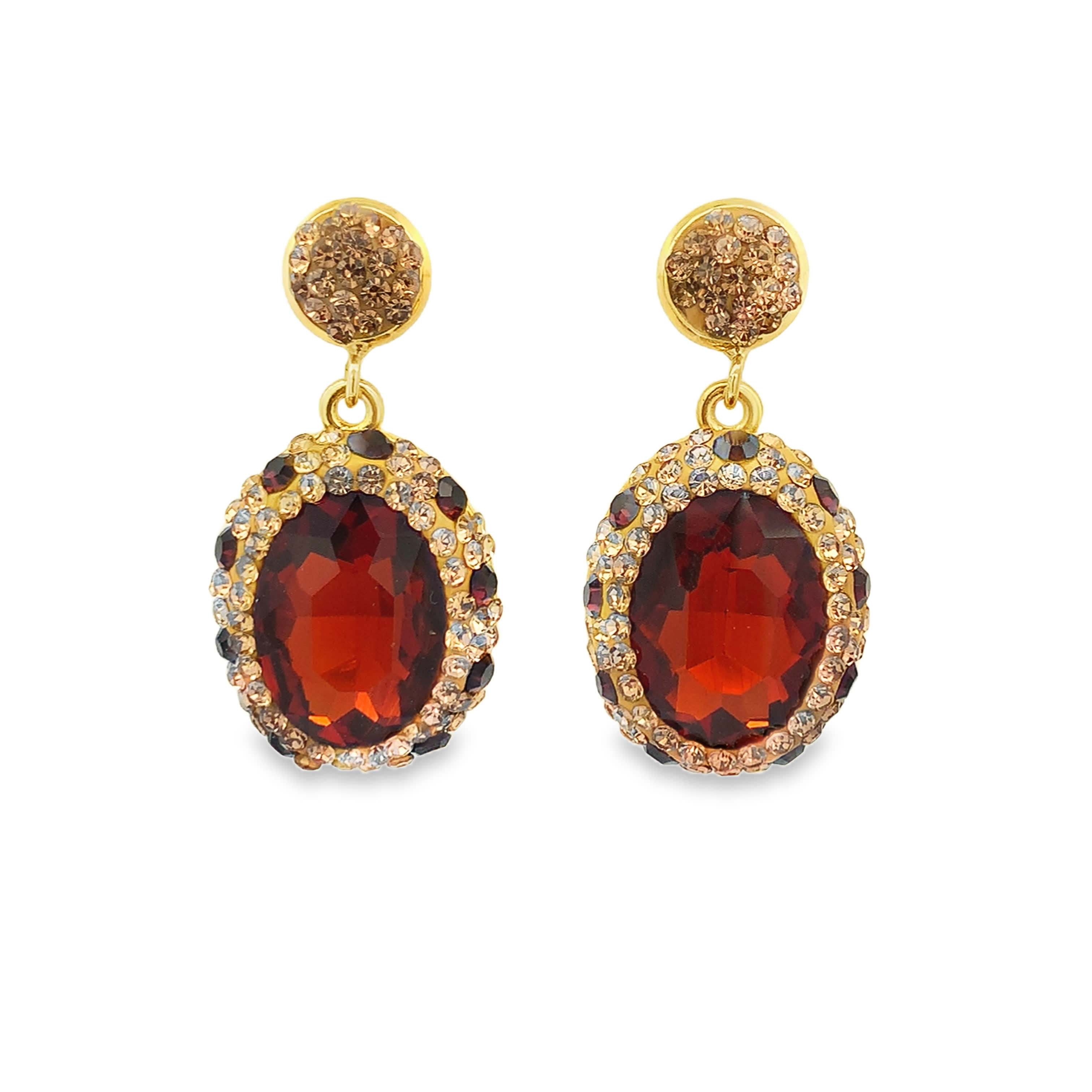 Kolczyki wiszące z pozłacanego metalu z czerwonymi kamieniami ozdobnymi