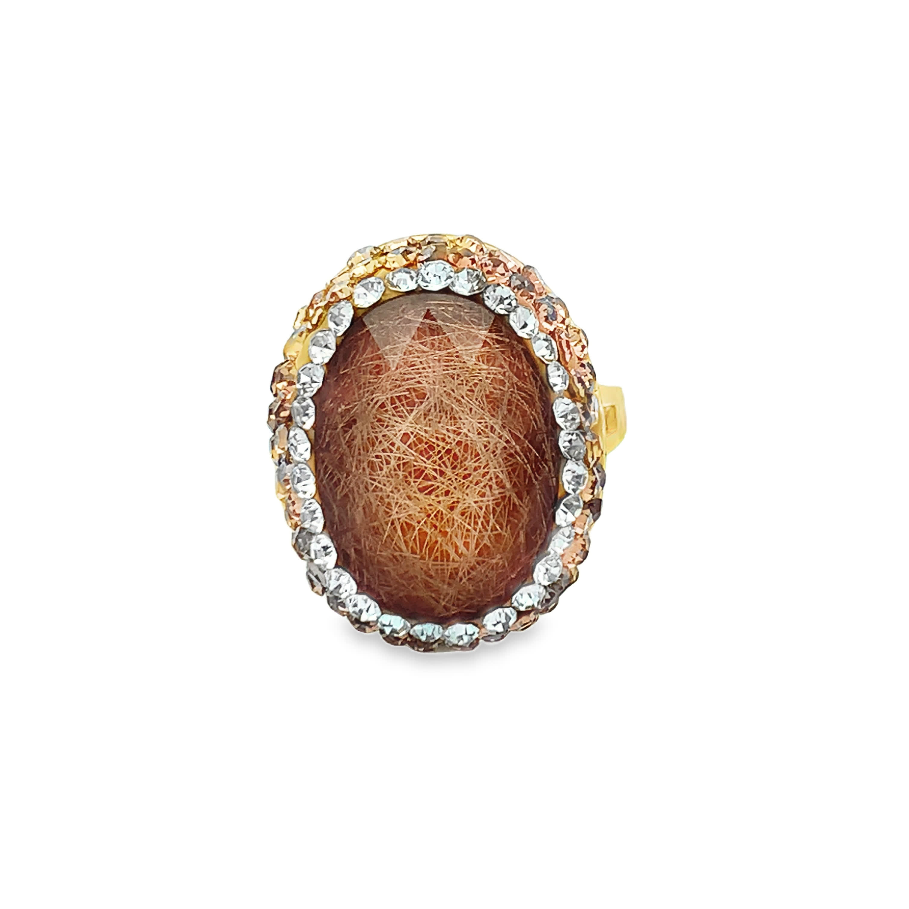 Pierścionek koktajlowy z pozłacanego metalu z gładkim kamieniem ozdobnym