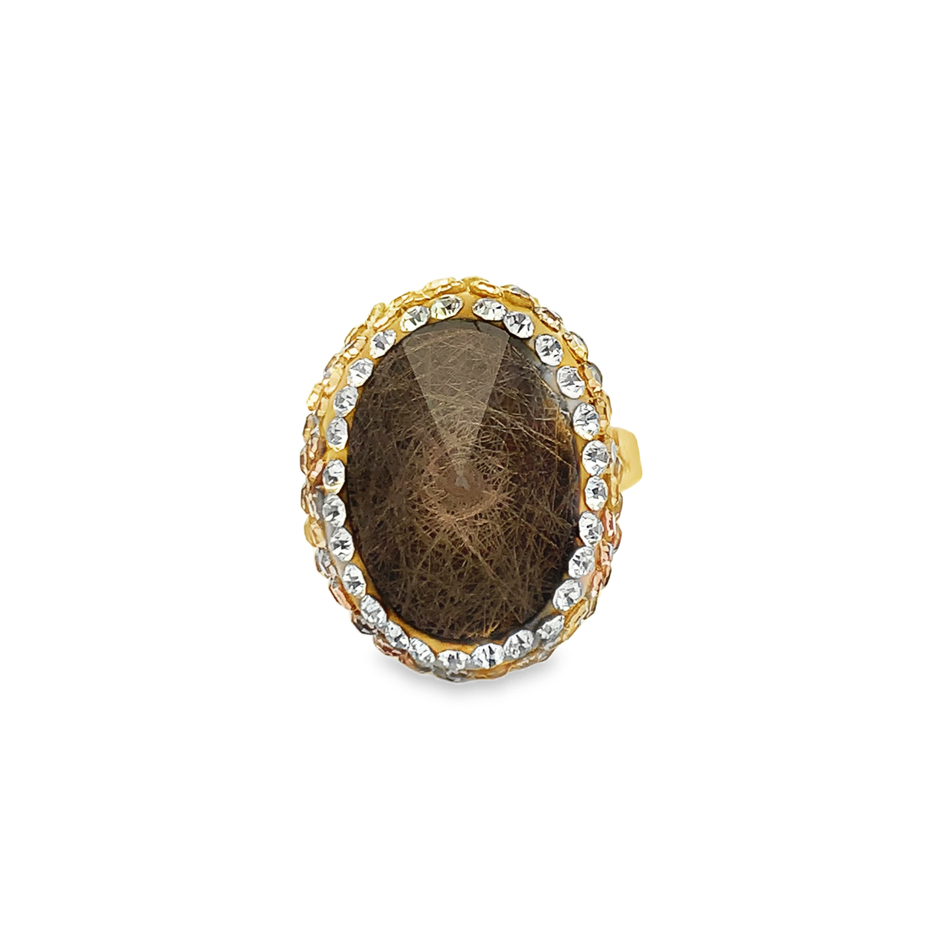 Pierścionek koktajlowy z pozłacanego metalu z owalnym kamieniem ozdobnym