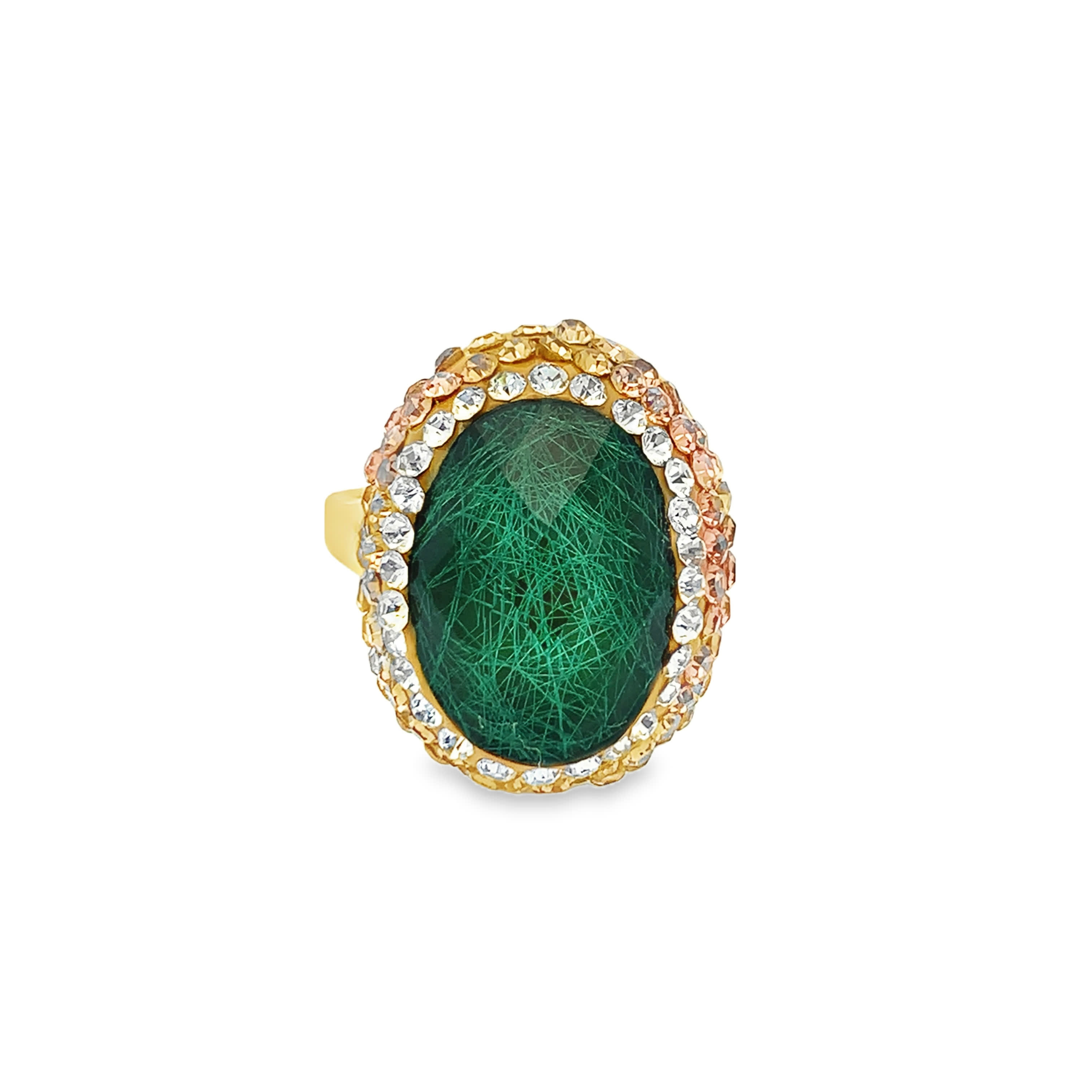 Pierścionek koktajlowy z pozłacanego metalu z zielonym kamieniem ozdobnym