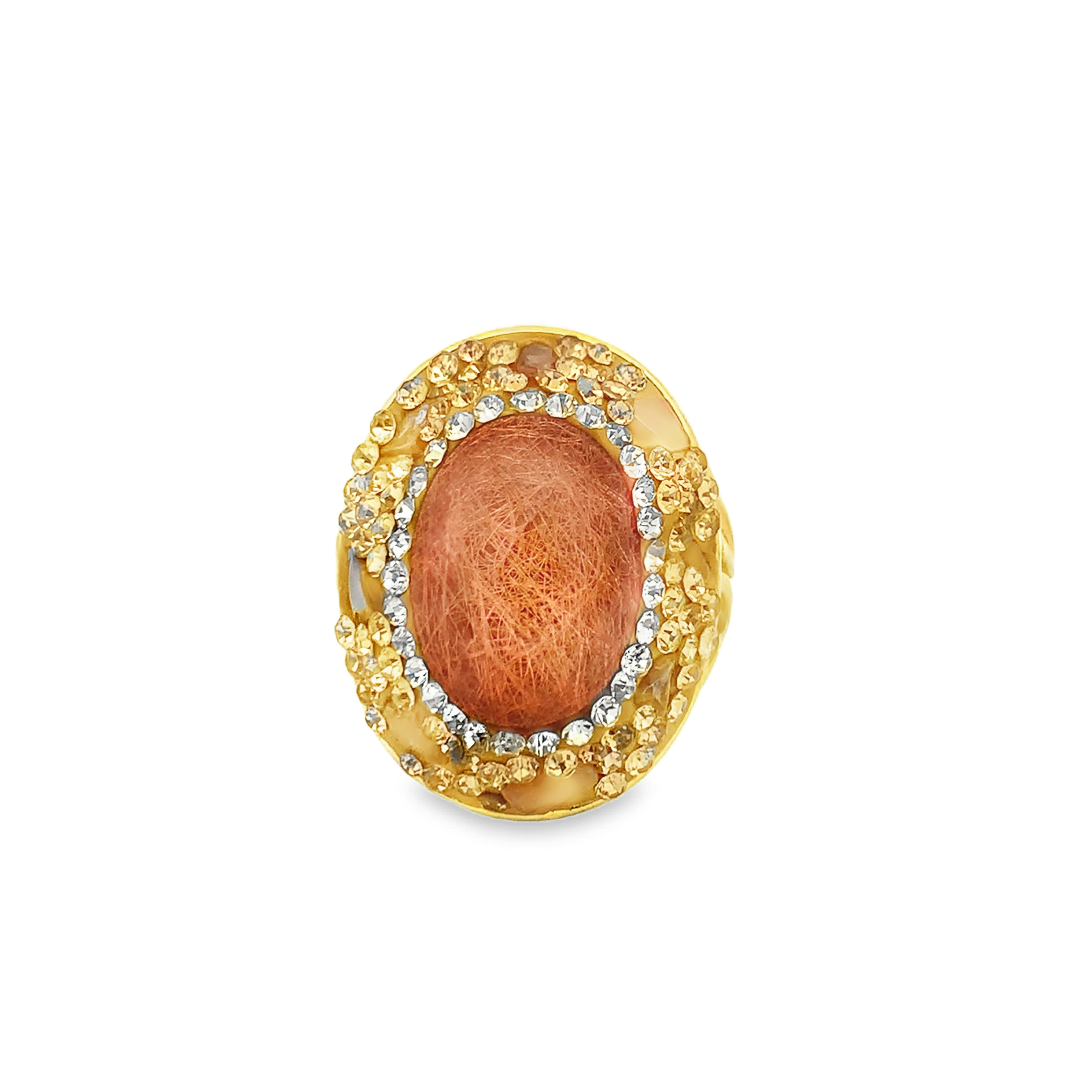 Yellow Gold Cocktail Ring with Textured Center and Sparkling Accents