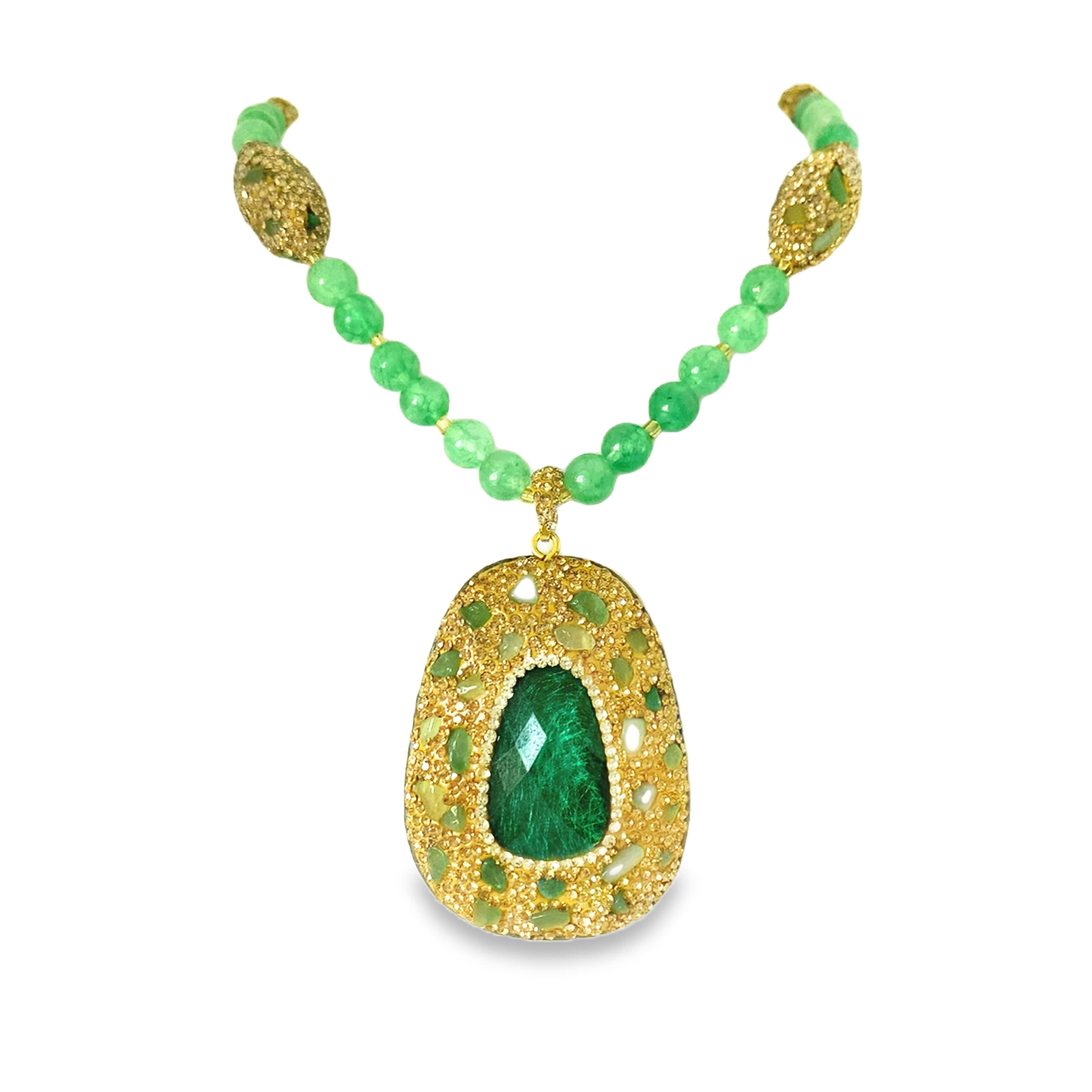 Natural Pear-Cut Emerald and Yellow Gold Beaded Necklace