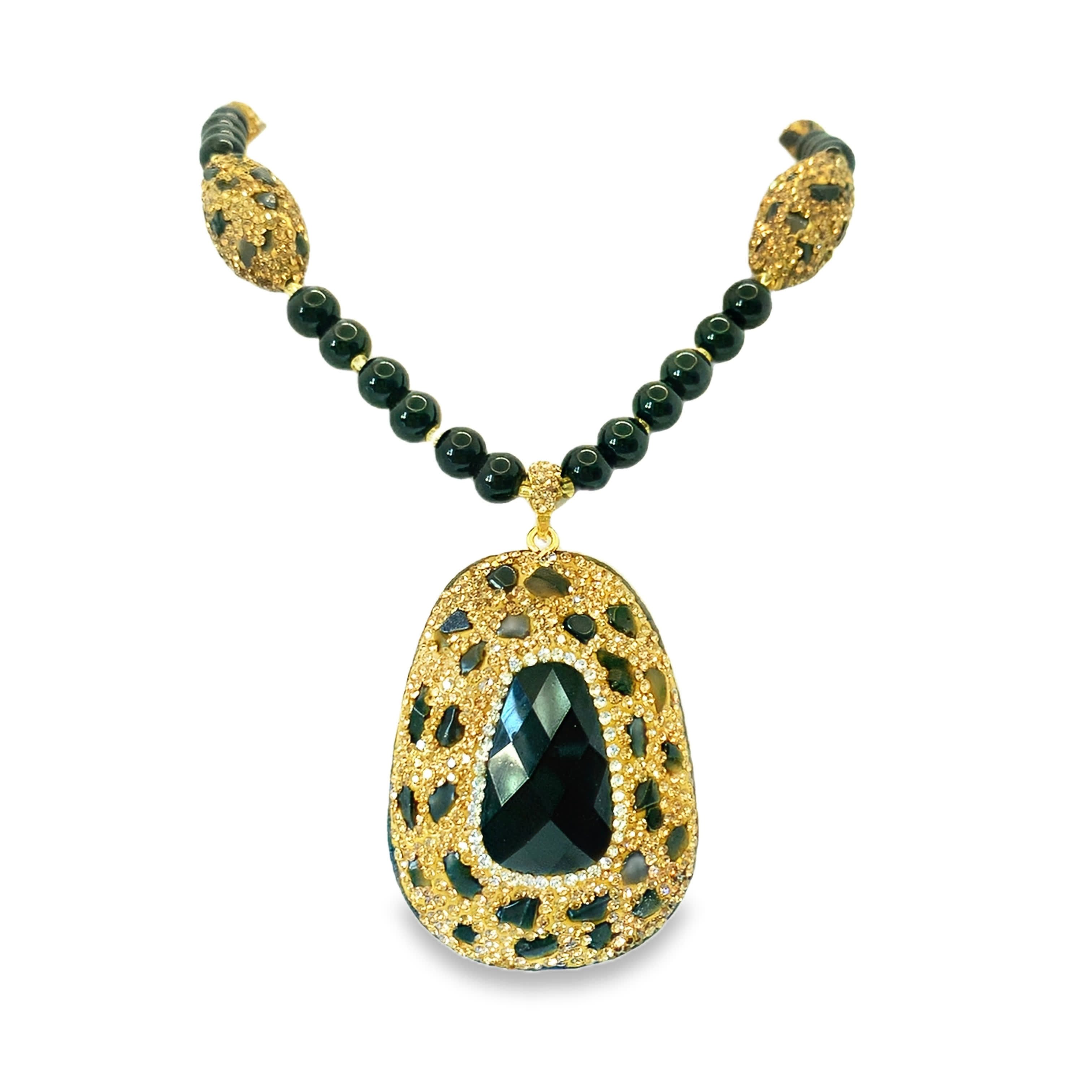 Graduated Onyx Bead Necklace with Pear Cut Onyx Drop in Yellow Gold