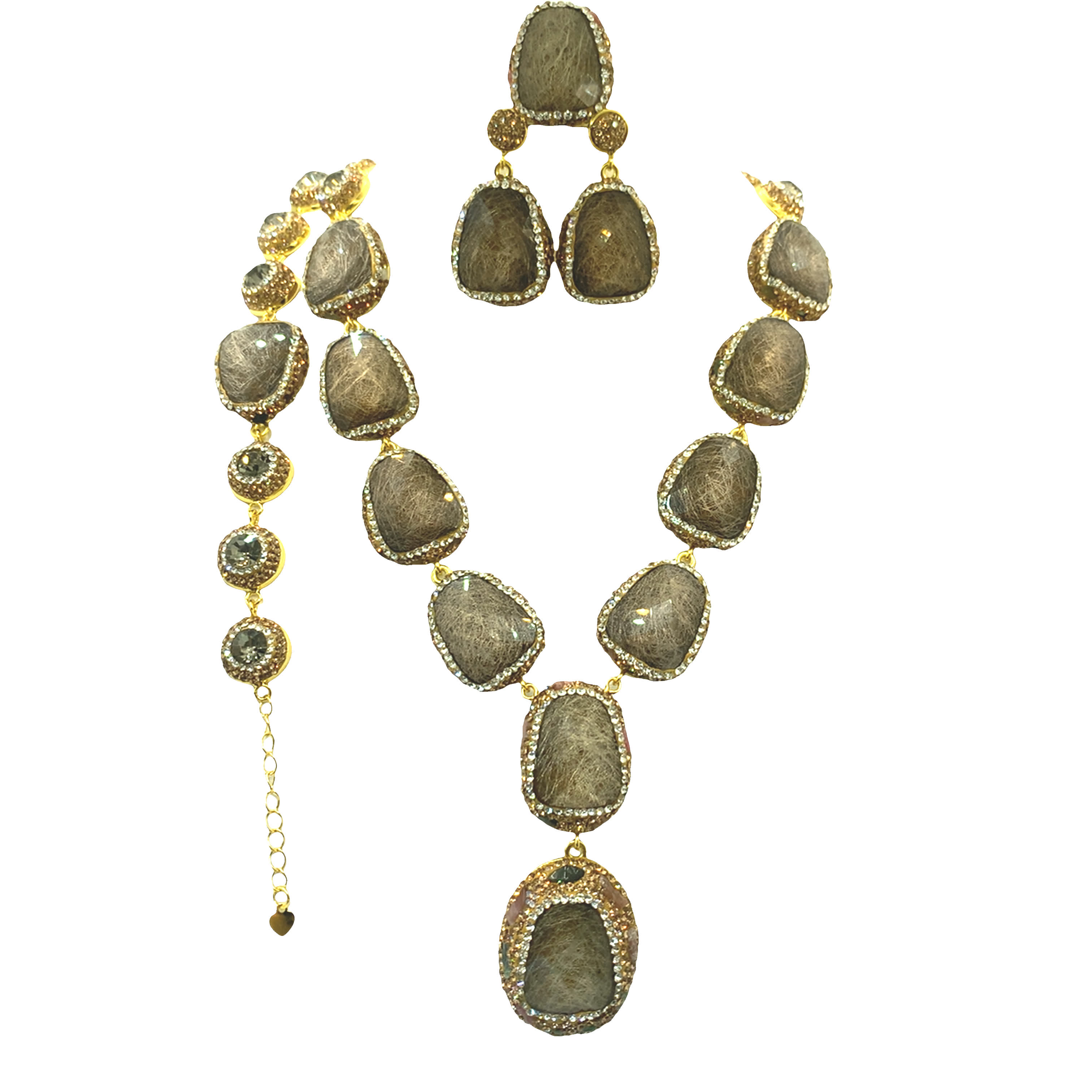 Baroque Quartz Cabochon Beaded Necklace in Yellow Gold
