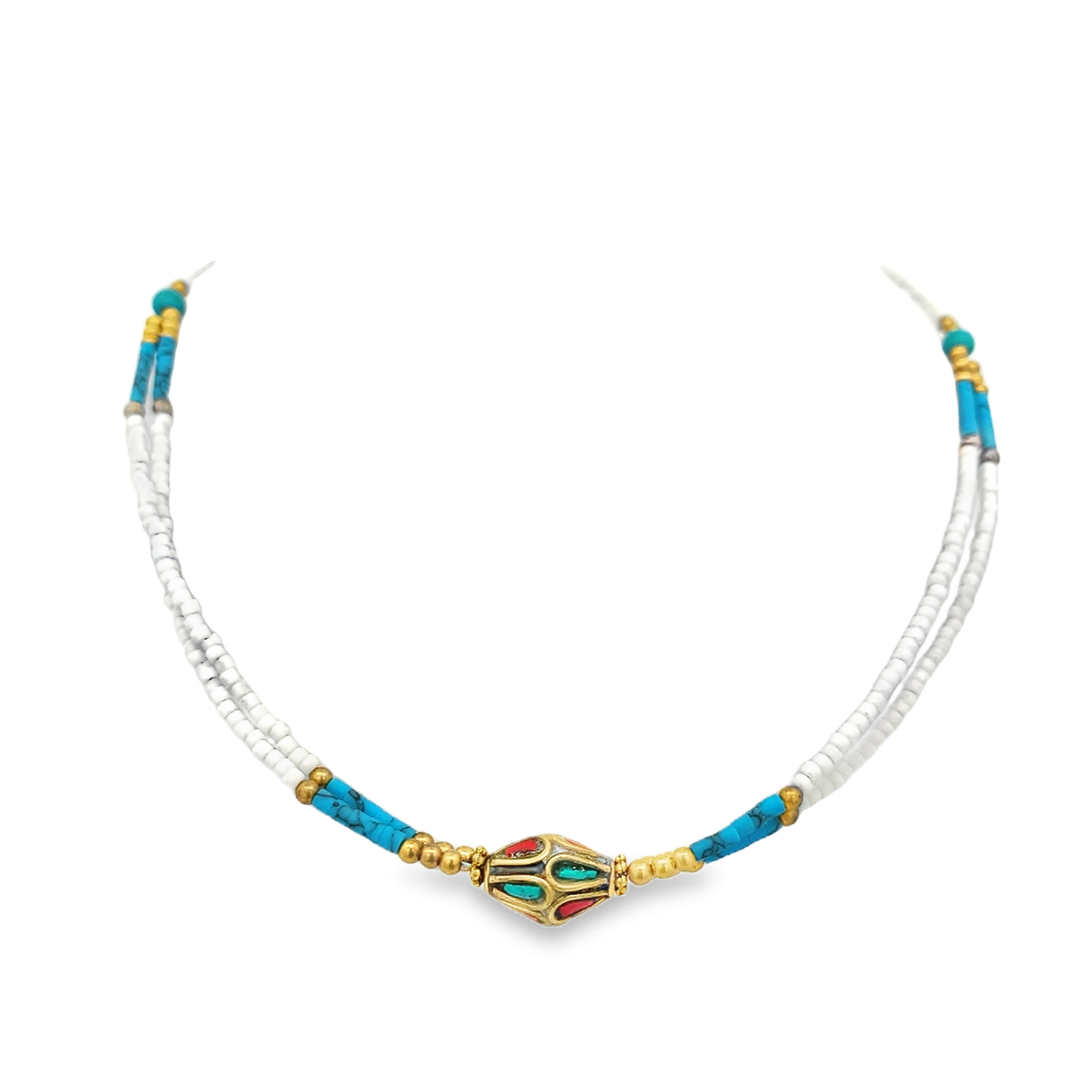 Turquoise and White Beaded Necklace with Ornate Centerpiece