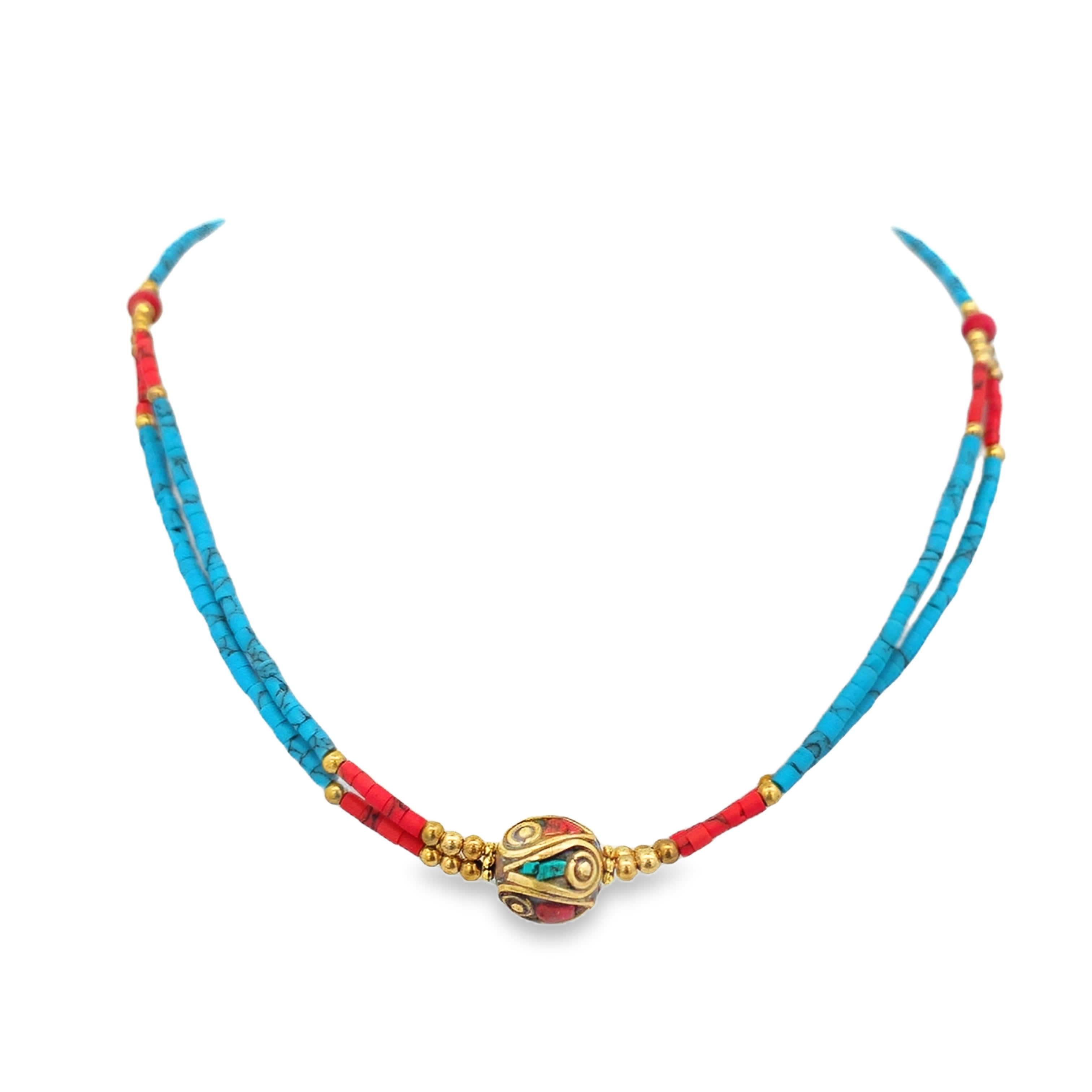 Double Strand Turquoise Beaded Necklace with Ornate Centerpiece