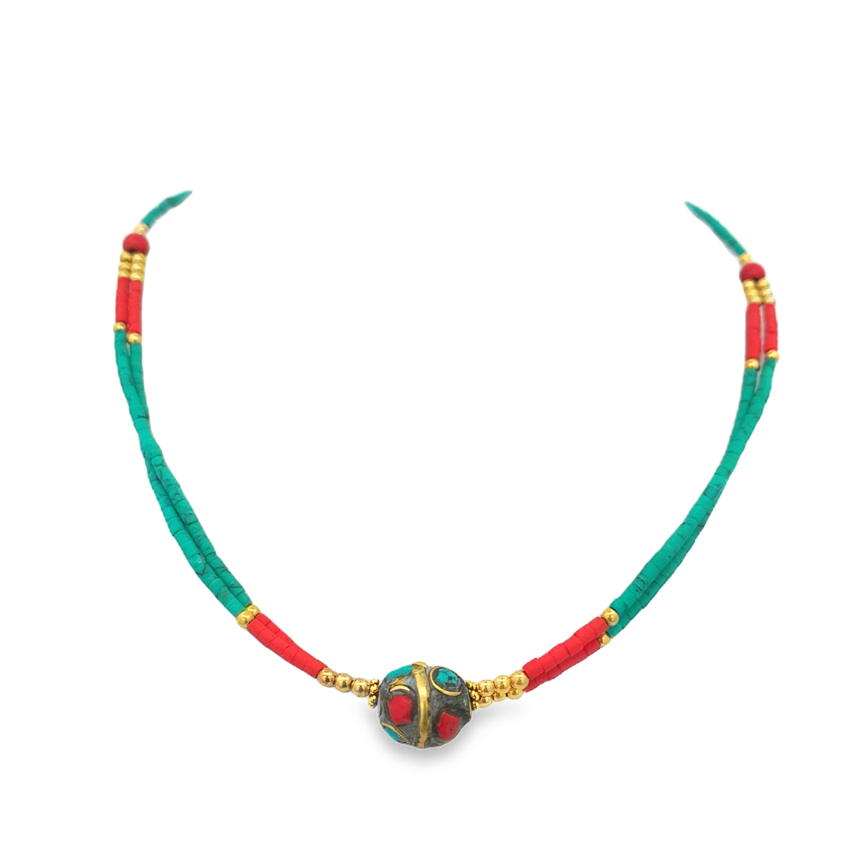 Turquoise Beaded Necklace with Yellow Gold Accents