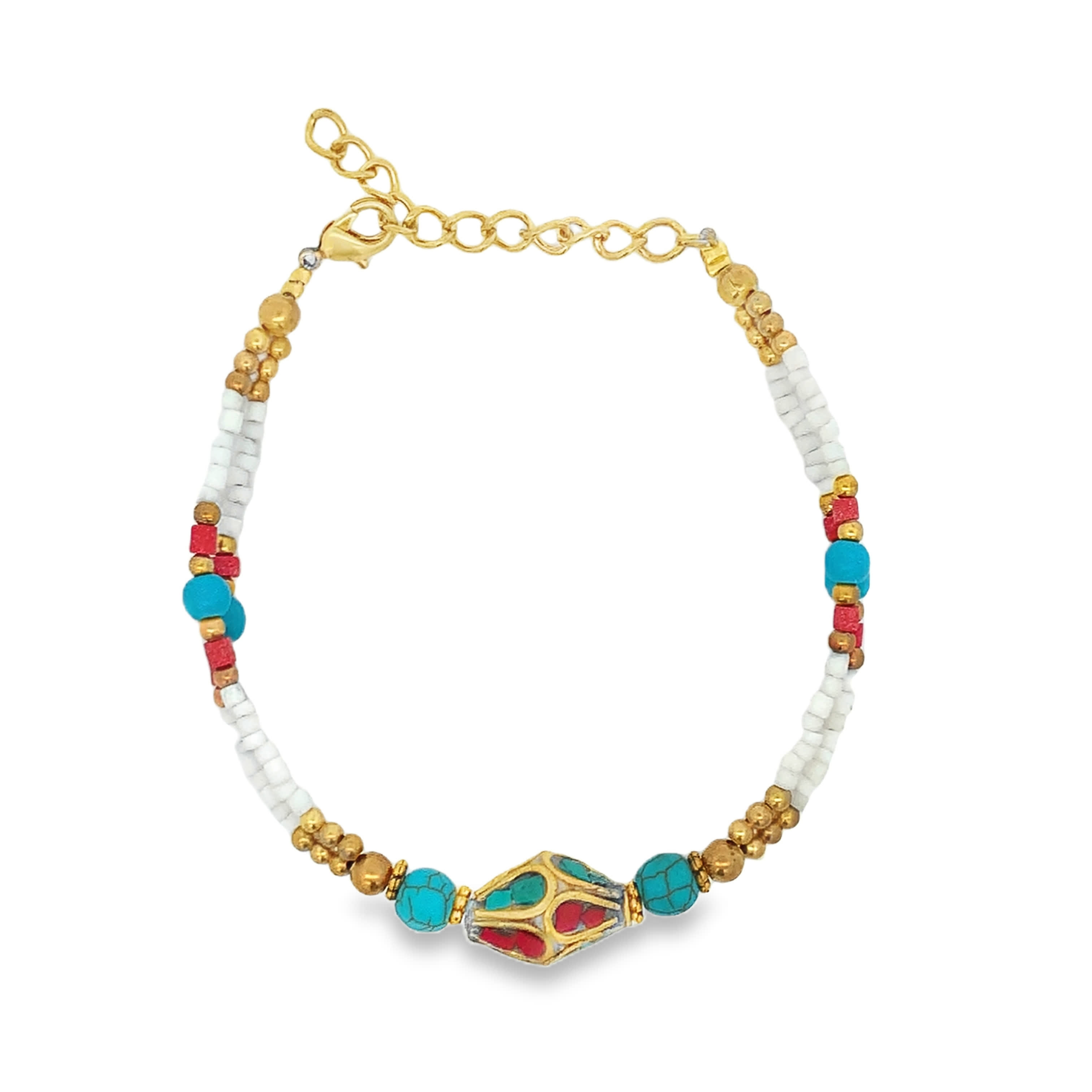 Turquoise and White Beaded Bracelet with Ornate Centerpiece