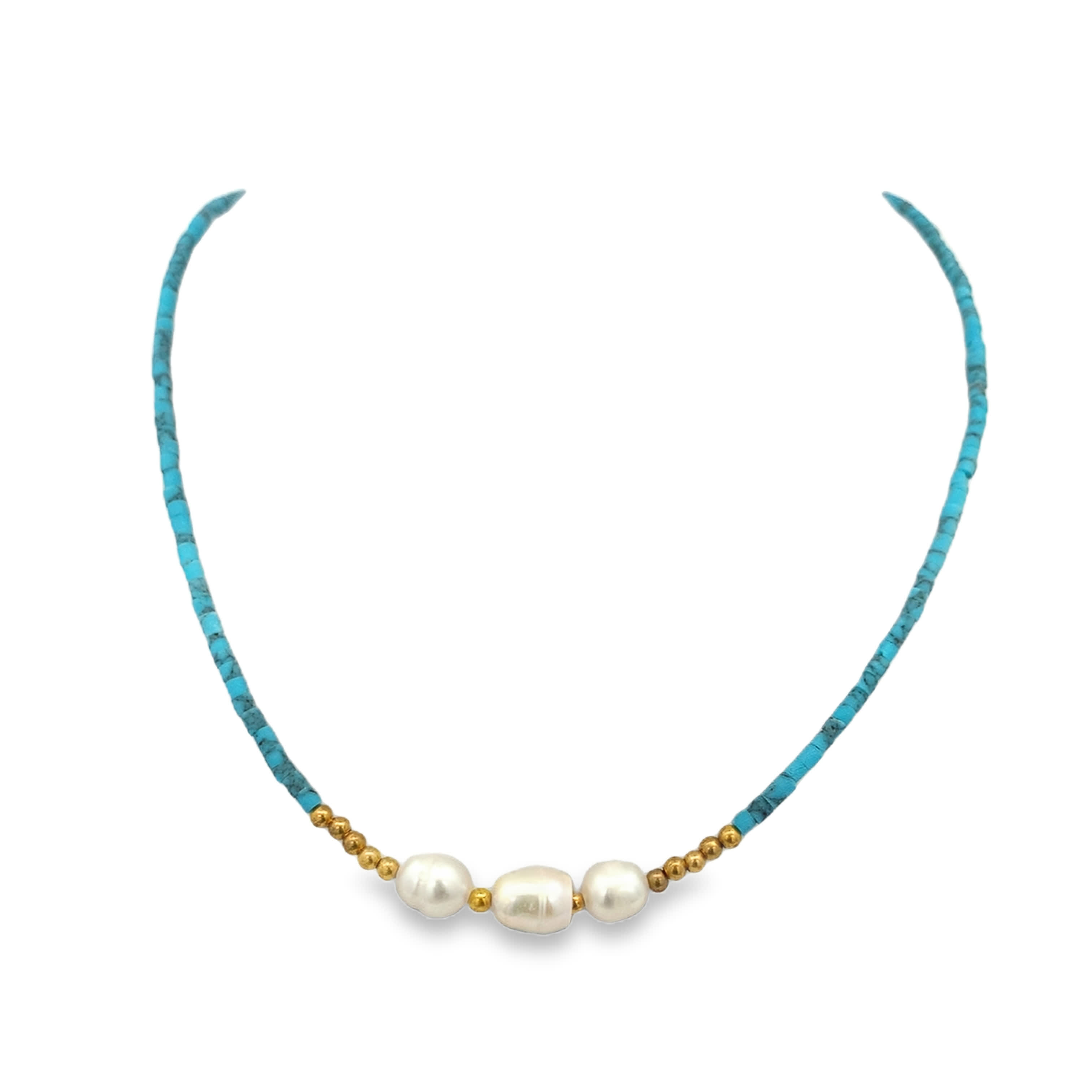 Turquoise Beaded Necklace with Pearl Center — Yellow Gold
