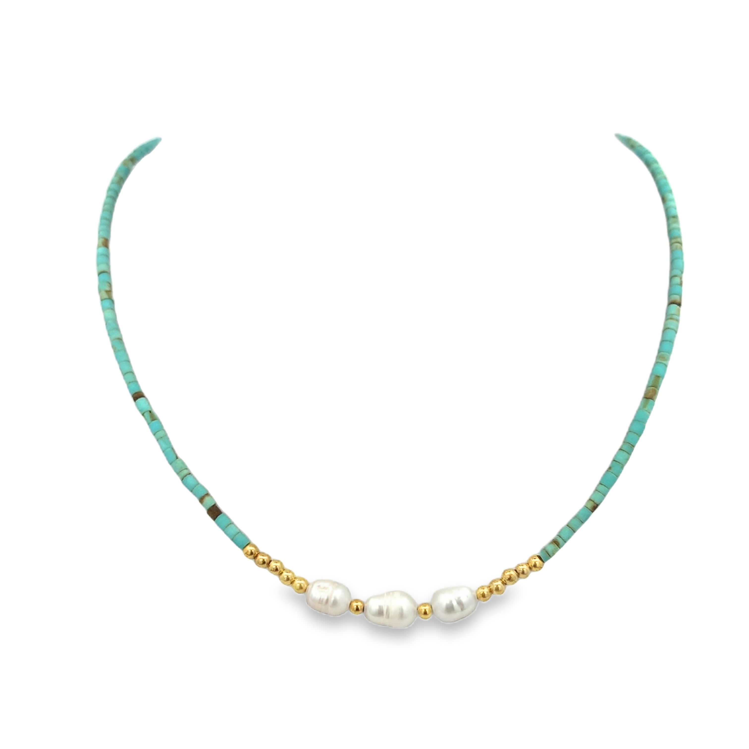 Turquoise and Pearl Beaded Necklace in Yellow Gold